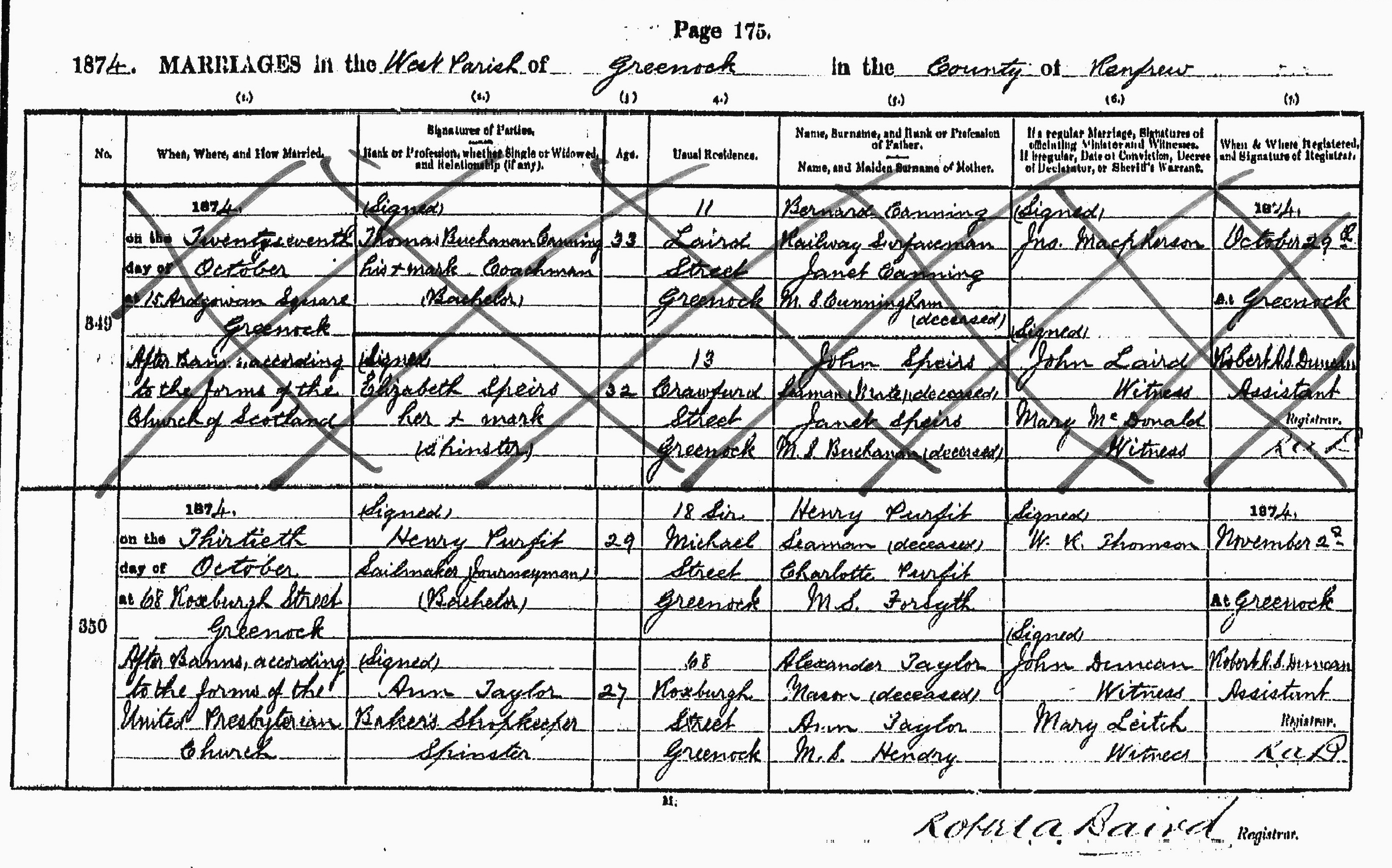 Henry Purfit and Ann Taylor marriage record in Greenock (16066 KB) 30 October 1874 1874. MARRIAGES in the West Parish of Greenock in the County of Renfrew, Scotland. (Click on Picture to View Full Size) picture