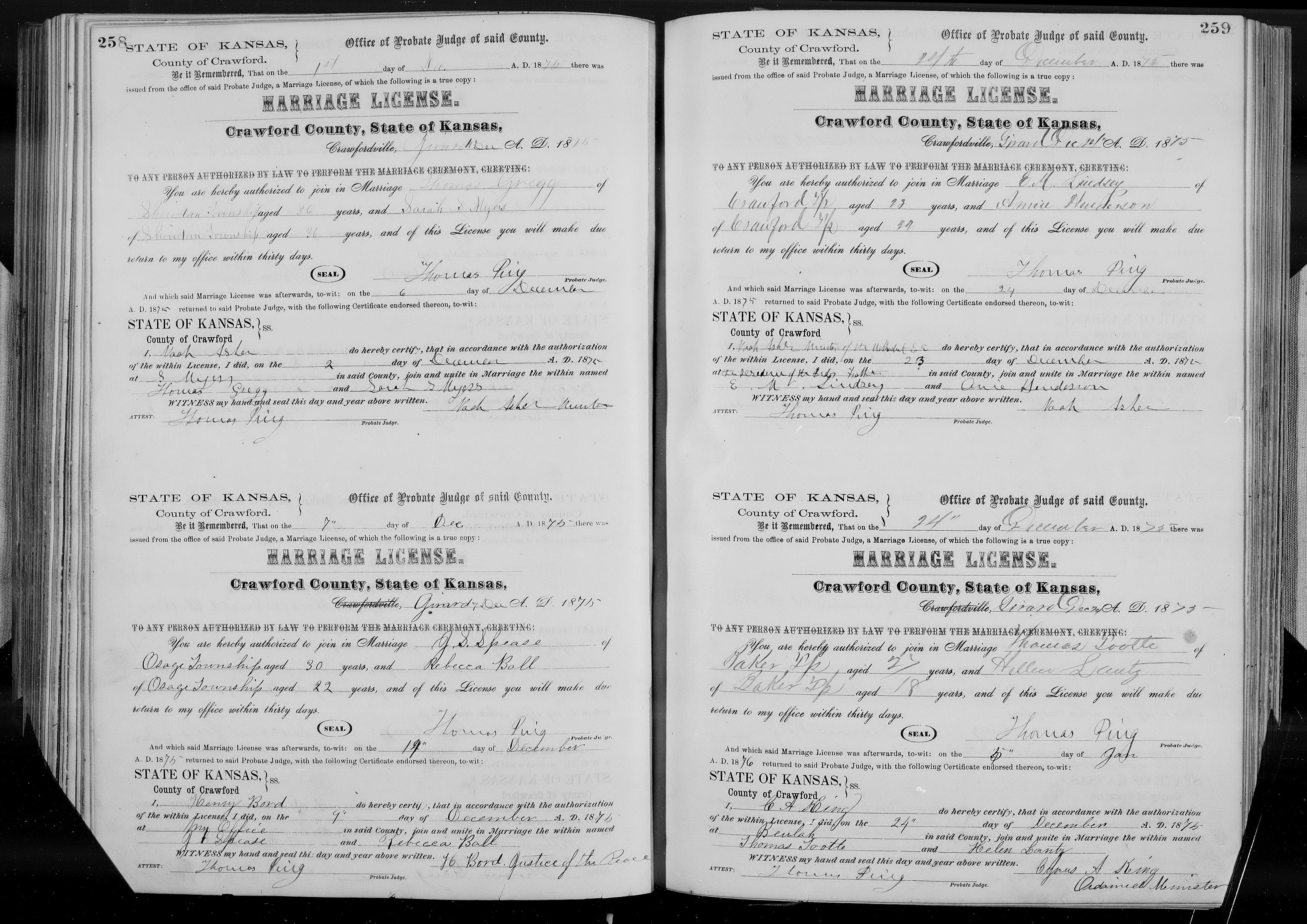 Thomas Gregg and Sarah S. Myers marriage in Crawford County, Kansas (14473 KB) 2 December 1875 STATE OF KANSAS, County of Crawford. Office of Probate Judge of said County. Marriage License, and returned affidavit of marriage officiant. (Click on Picture to View Full Size) picture