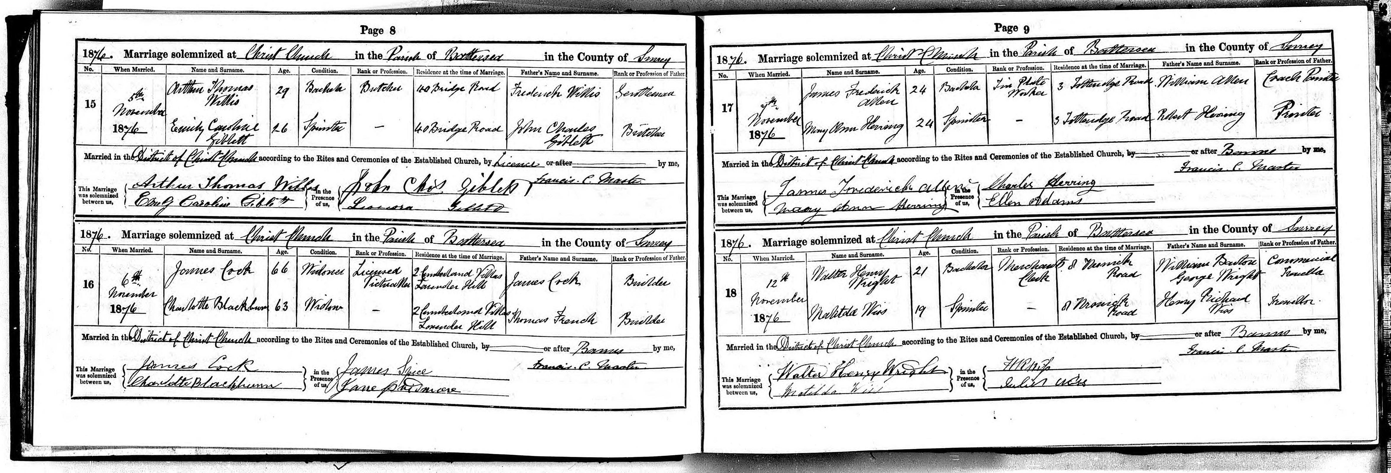 Arthur Thomas Willis and Emily Caroline Giblett marriage record (7360 KB) 5 November 1876 1876. Marriage solemnized at Christ Church in the Parish of Battersea in the County of Surrey. Christ Church Battersea, Surrey, England. (Click on Picture to View Full Size) picture