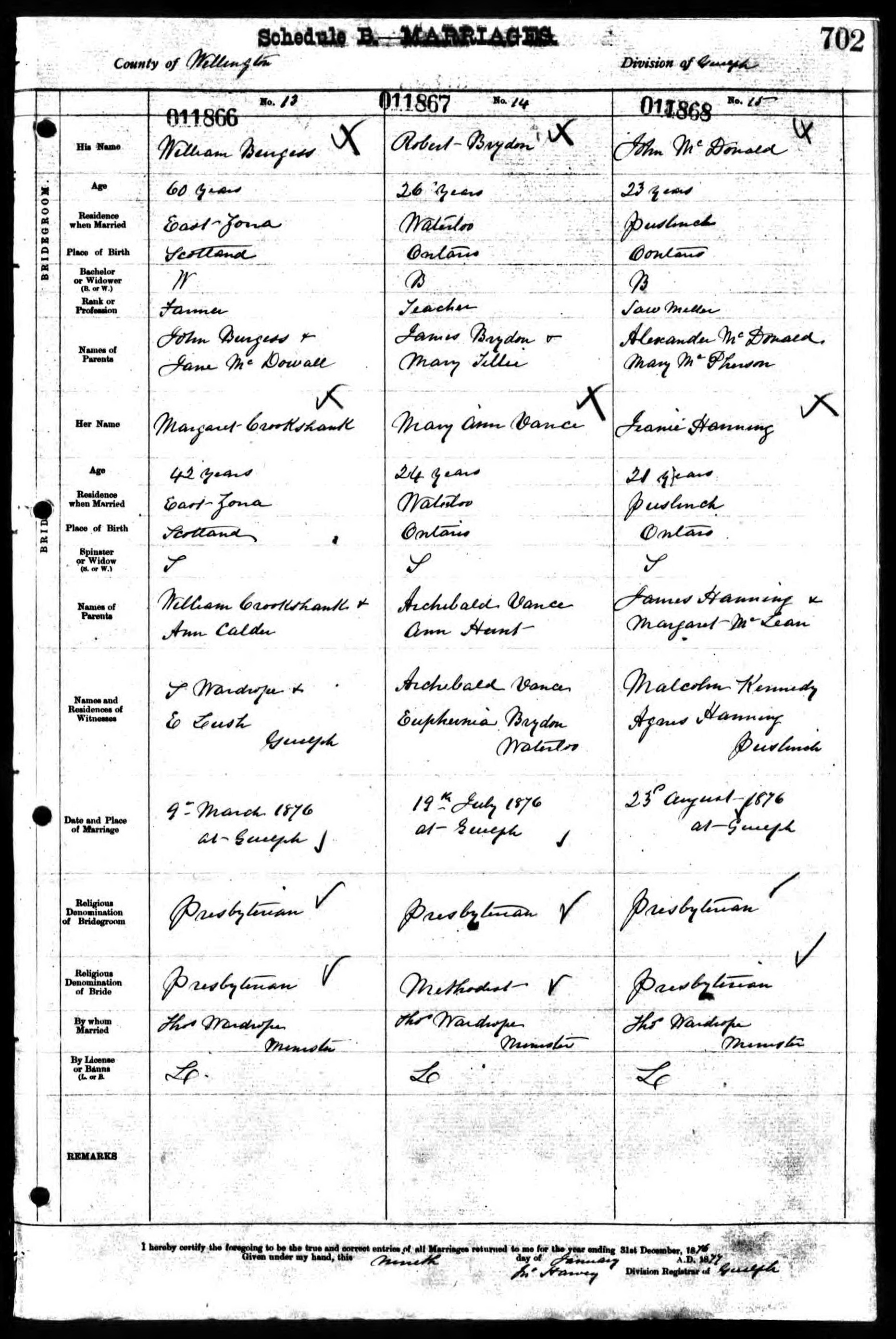 John McDonald and Jeanie Hanning marriage record in Guelph (5065 KB) 23 August 1876 MARRIAGES. County of Wellington, Division of Guelph. Guelph, Wellington County, Ontario, Canada. (Click on Picture to View Full Size) picture