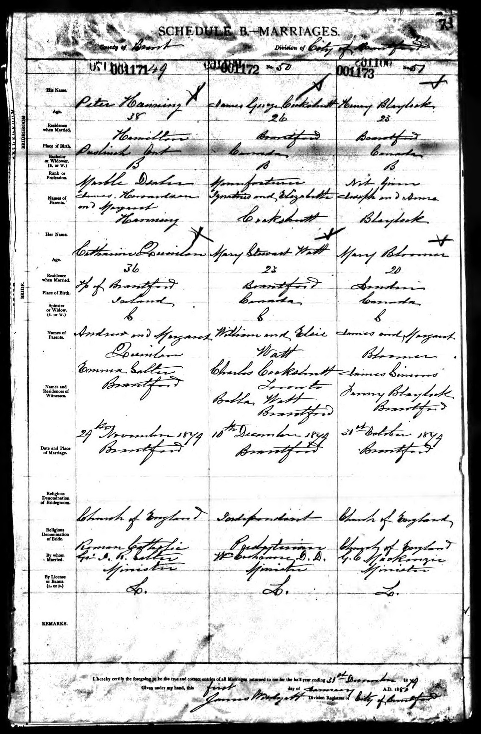 Peter Hanning and Catharine Quinlan marriage (5247 KB) 1879 Peter Hanning and Catharine Quinlan marriage on 29 November 1879, no. 49 (001171), City of Brantford, County of Brant, Archives of Ontario, Series MS932, Reel 29 (www.ancestry.com : accessed 23 March 2015). (Click on Picture to View Full Size) picture