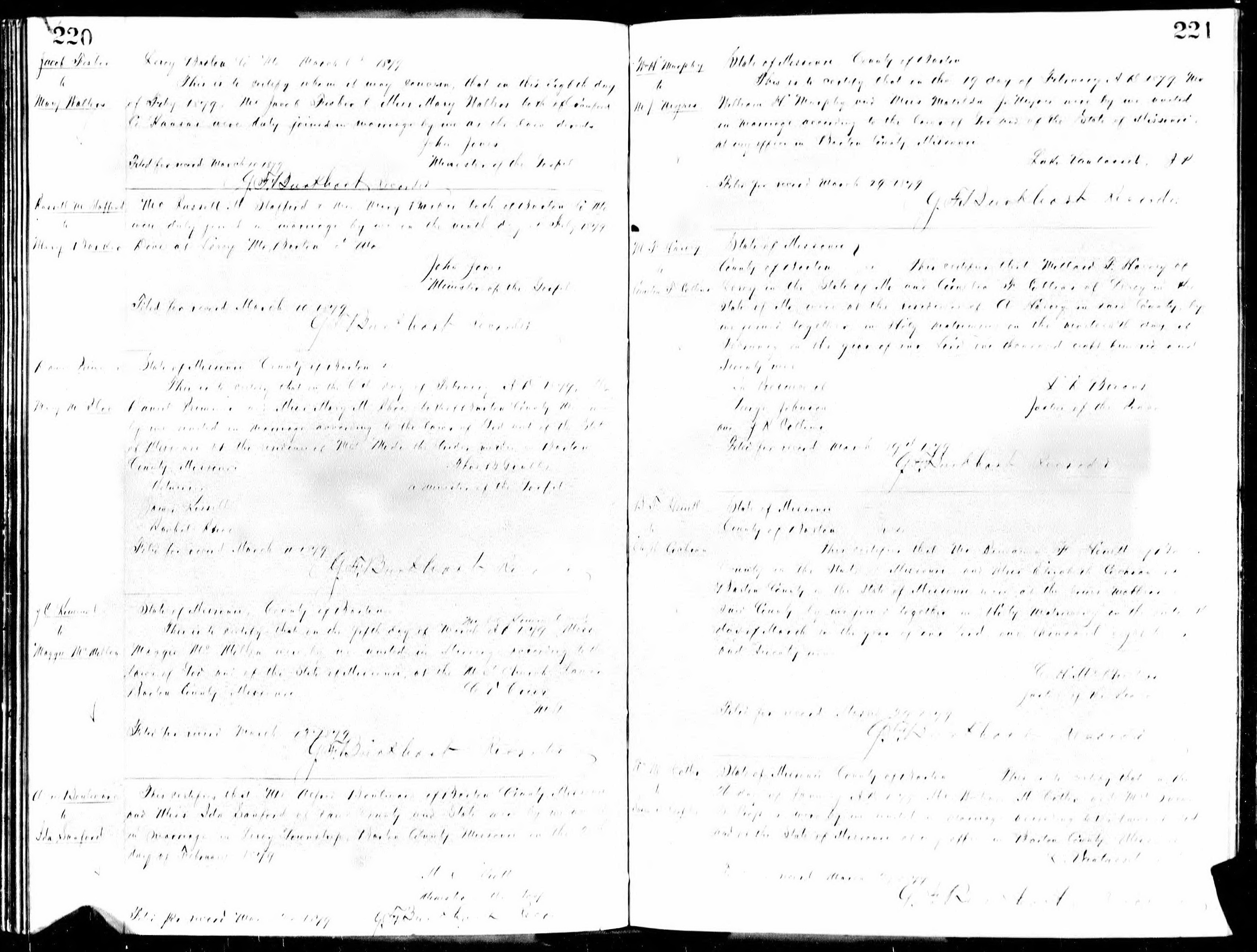 William H. Murphy and Matilda J. Myers marriage record in Barton County, Missouri (8796 KB) 19 February 1879 Wm H Murphay to M J Myres. State of Missouri, County of Barton. This is to certify that on the 19 day of February A D 1879 William H Murphy and Miss Matilda J. Myers were by me united in Marriage according to the laws of God and the State of Missouri at my office in Barton County, Missouri. Luke Van(?) J P Filed for record March 29 1879 G F. Burkhart Recorder (Click on Picture to View Full Size) picture