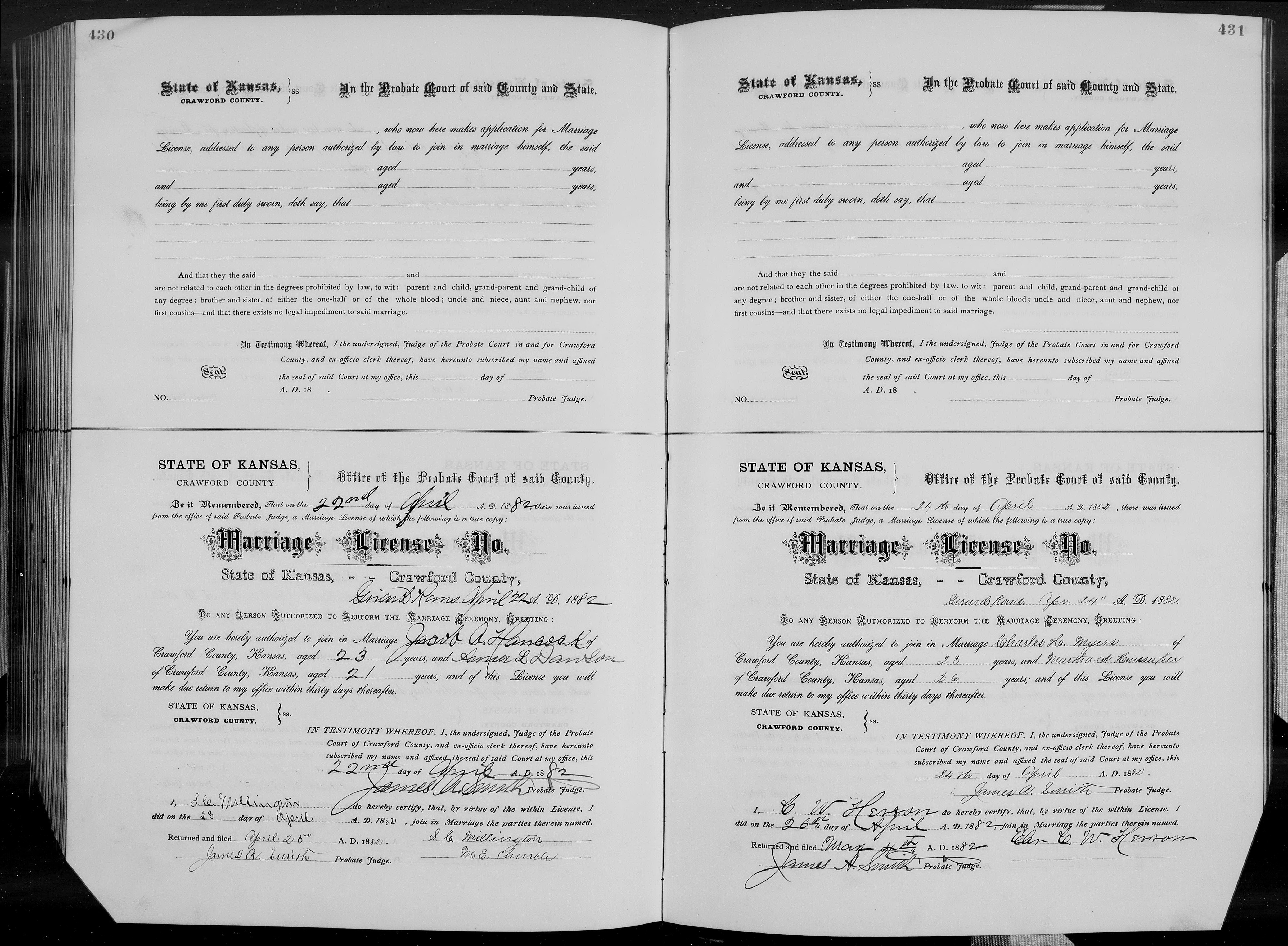 Charles H. Myers and Martha A. Hunsaker marriage in Crawford County, Kansas (16985 KB) 26 April 1882 STATE OF KANSAS, County of Crawford. Office of Probate Judge of said County. Marriage License, and returned affidavit of marriage officiant. (Click on Picture to View Full Size) picture