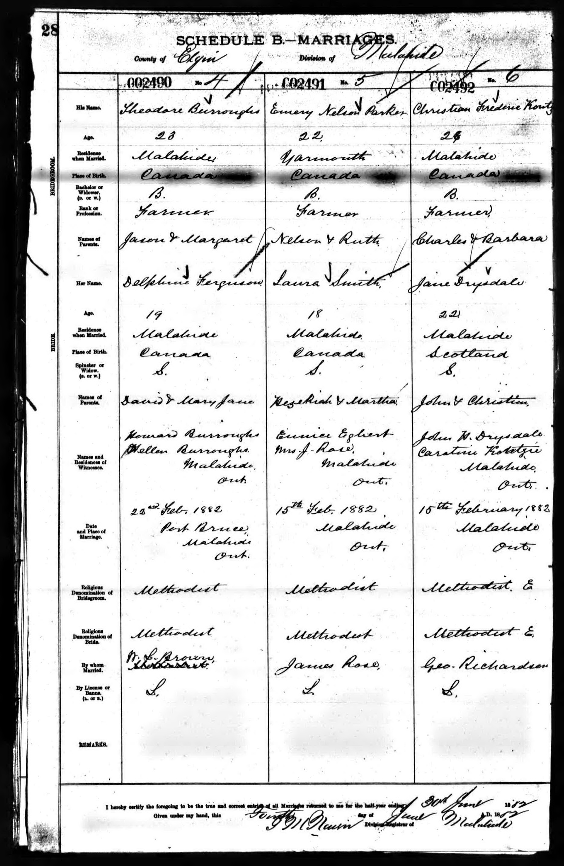 Christian Frederick Kontze and Jane Drysdale marriage record in Malahide (15612 KB) 15 February 1883 Christian Frederic Kontze, 26, Farmer, son of Charles & Barbara, and Jane Drysdale, 22, daughter of John & Christina, married 15 Feb 1883 in Malahide Township, Elgin County, Ontario, Canada. (Ontario, Canada Marriages, 1801–1926) (Click on Picture to View Full Size) picture