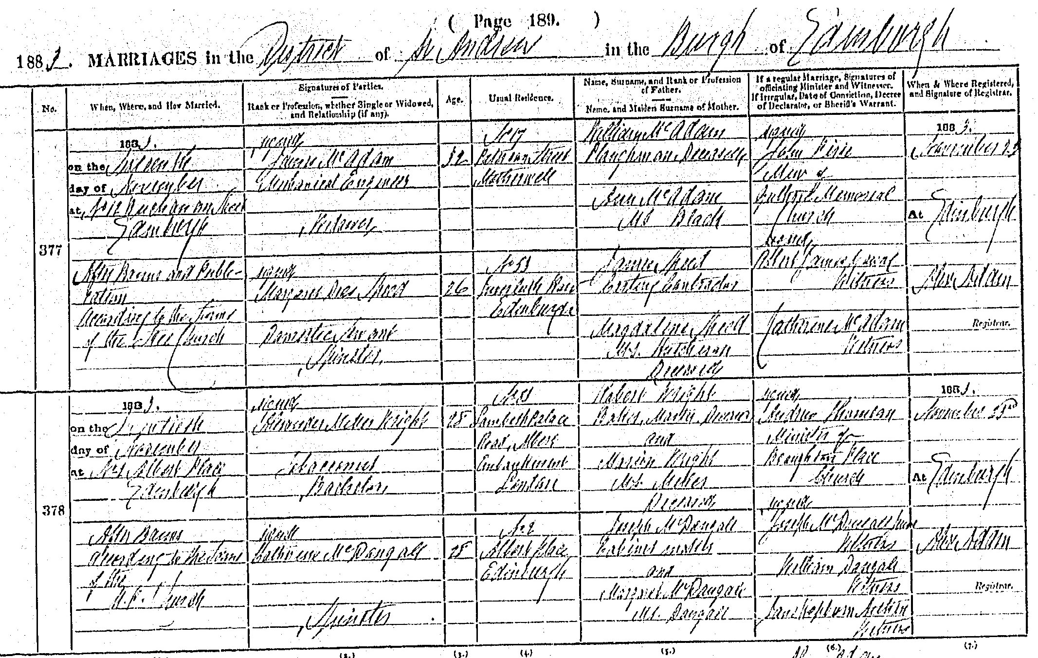 Alexander Miller Wright and Catherine McDougall marriage record in St Andrew Edinburgh (8452 KB) 20 November 1883 1883 MARRIAGES in the District of Saint Andrew in the Burgh of Edinburgh, Scotland. (Click on Picture to View Full Size) picture
