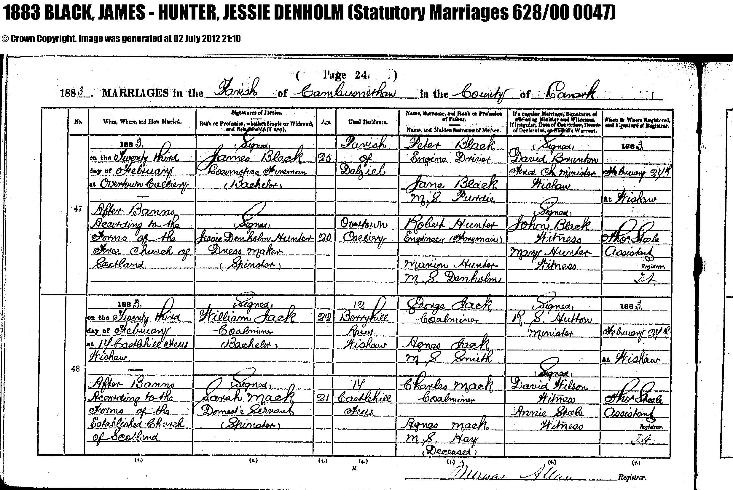 James Black and Jessie Denholm Hunter marriage record at Overtown Colliery (11978 KB) 23 February 1883 1883. MARRIAGES in the Parish of Cambusnethan in the County of Lanark, Scotland. (Click on Picture to View Full Size) picture