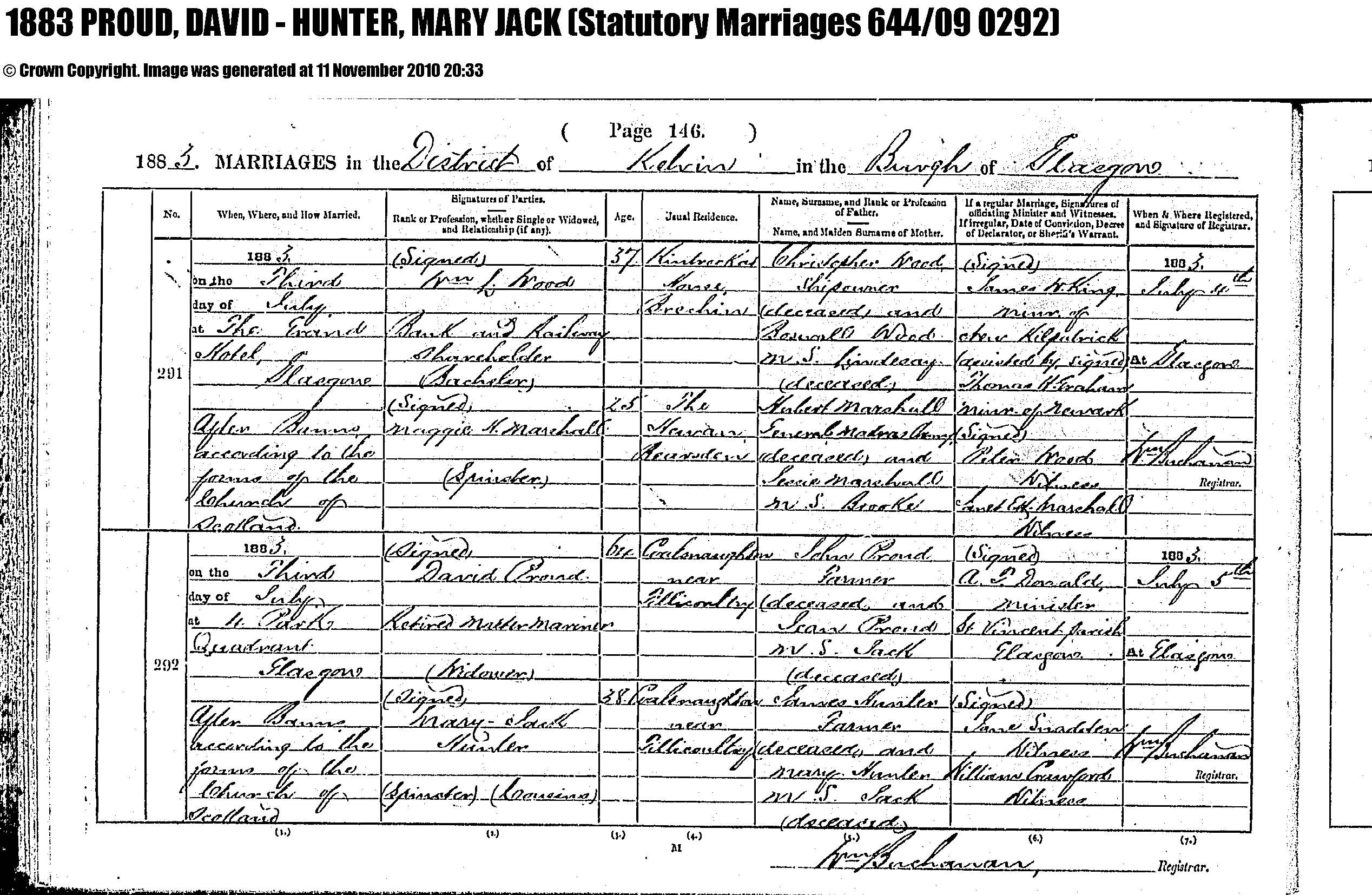 David Proud and Mary Jack Hunter marriage record in Glasgow (4096 KB) 3 July 1883 1883 MARRIAGES in the District of Kelvin in the Burgh of Glasgow, Scotland; David Proud, Retired Master Mariner, Widower, 64, son of John Proud (deceased) and Jean Jack (deceased), and Mary Jack Hunter, Spinster, (Cousins), 38, daughter of James Hunter (decased) and Mary Jack (deceased). Statutory Marriages 644/09 0292. (Click on Picture to View Full Size) picture