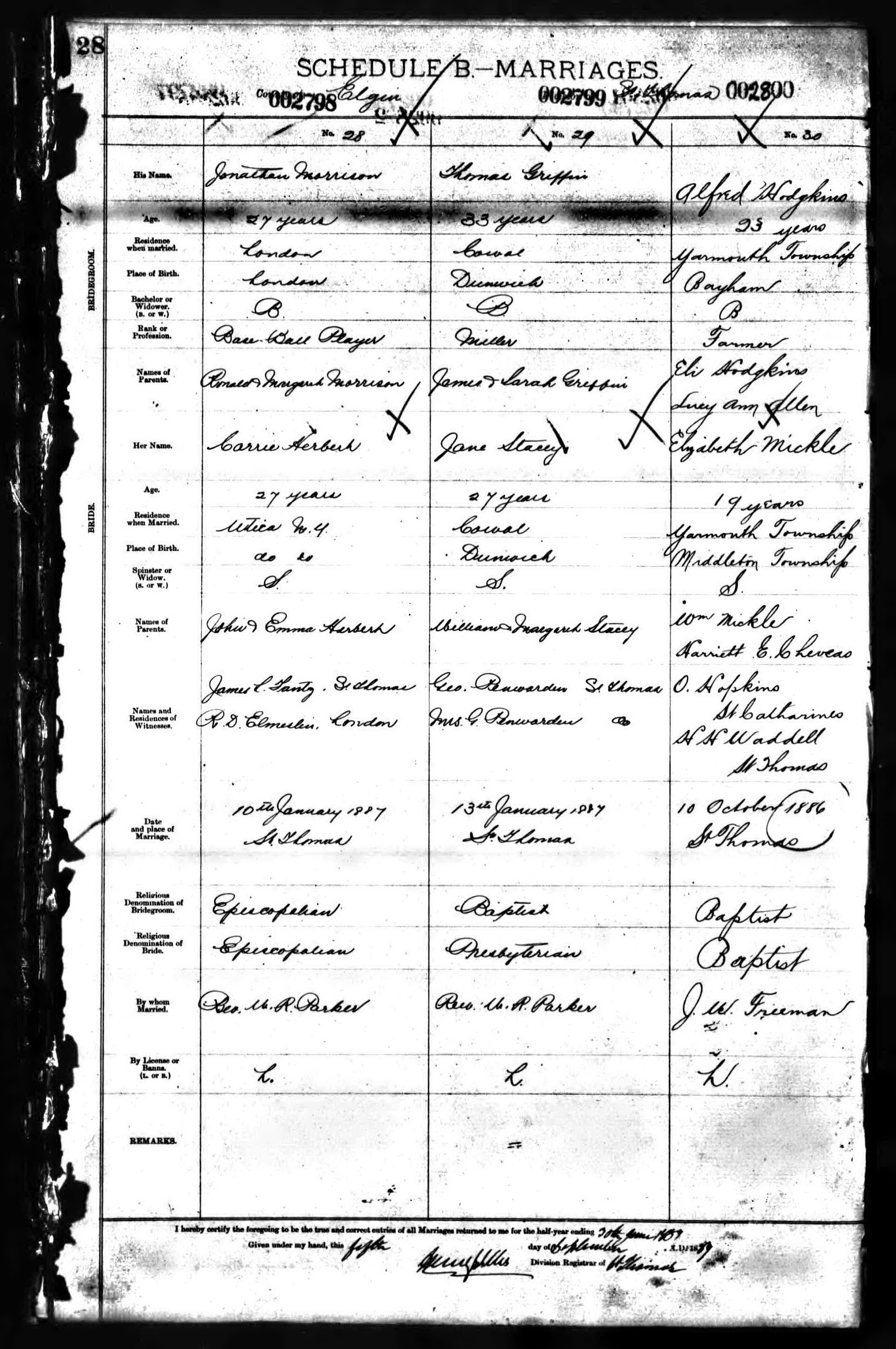 Alfred Hodgkins and Elizabeth Mickle marriage record in St. Thomas (16076 KB) 10 October 1886 Alfred Hodgkins, 23, residence Yarmouth Township, born in Bayham, B(achelor), son of Eli Hodgkins and Lucy Ann Allen; and Elizabeth Mickle, 19, residence Yarmouth Township, born in Middleton Township, S(pinster), daughter of Wm Mickle and Harriett E. Cheveas; married 10 Oct 1886 in St. Thomas, Elgin County, Ontario, Canada. (Ontario, Canada Marriages, 1801–1926) (Click on Picture to View Full Size) picture