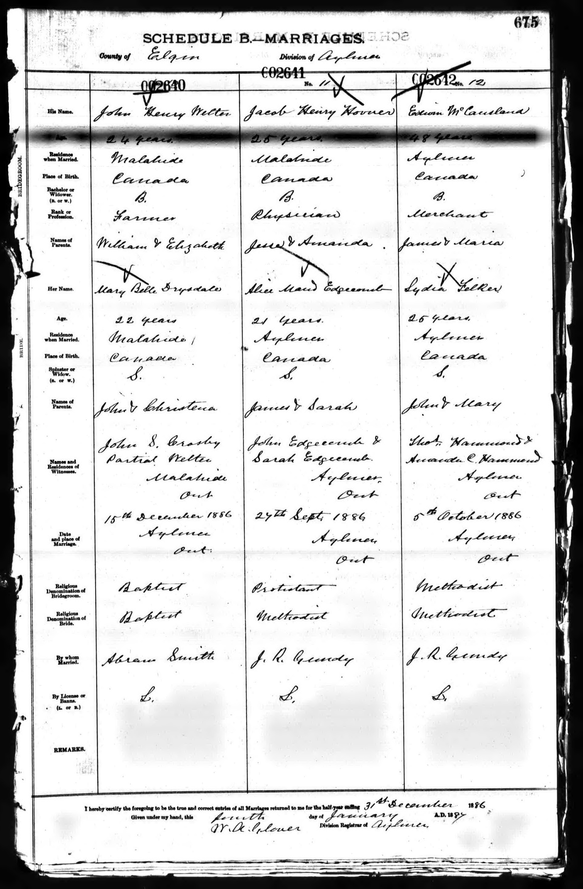 John Henry Welter and Mary Belle Drysdale marriage record in Aylmer (16277 KB) 15 December 1886 John Henry Welter, 24, residence Malahide, born in Canada, B(achelor), Farmer, son of William & Elizabeth; and Mary Belle Drysdale, 22, residence Malahide, born in Canada, S(pinster), daughter of John & Christina, married 15 Dec 1886 in Aylmer, Elgin County, Ontario, Canada. (Ontario, Canada Marriages, 1801–1926) (Click on Picture to View Full Size) picture