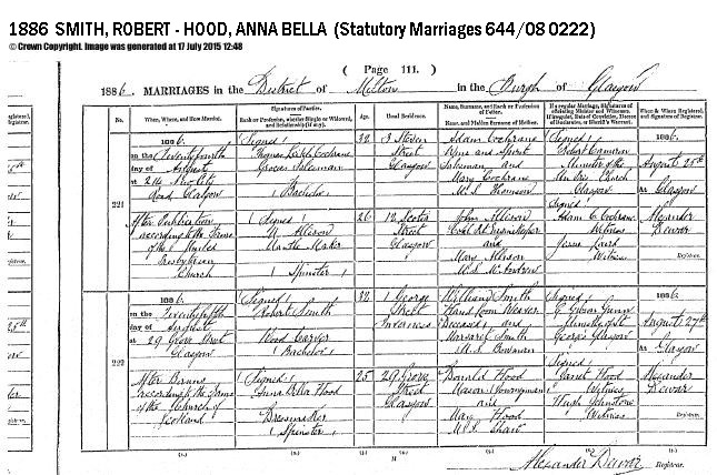 Robert Smith and Anna Bella Hood marriage record in Milton Glasgow (810 KB) 25 August 1886 1886 MARRIAGES in the District of Milton in the Burgh of Glasgow, Scotland (1886 Statutory Marriages 644/08 0222). (Click on Picture to View Full Size) picture
