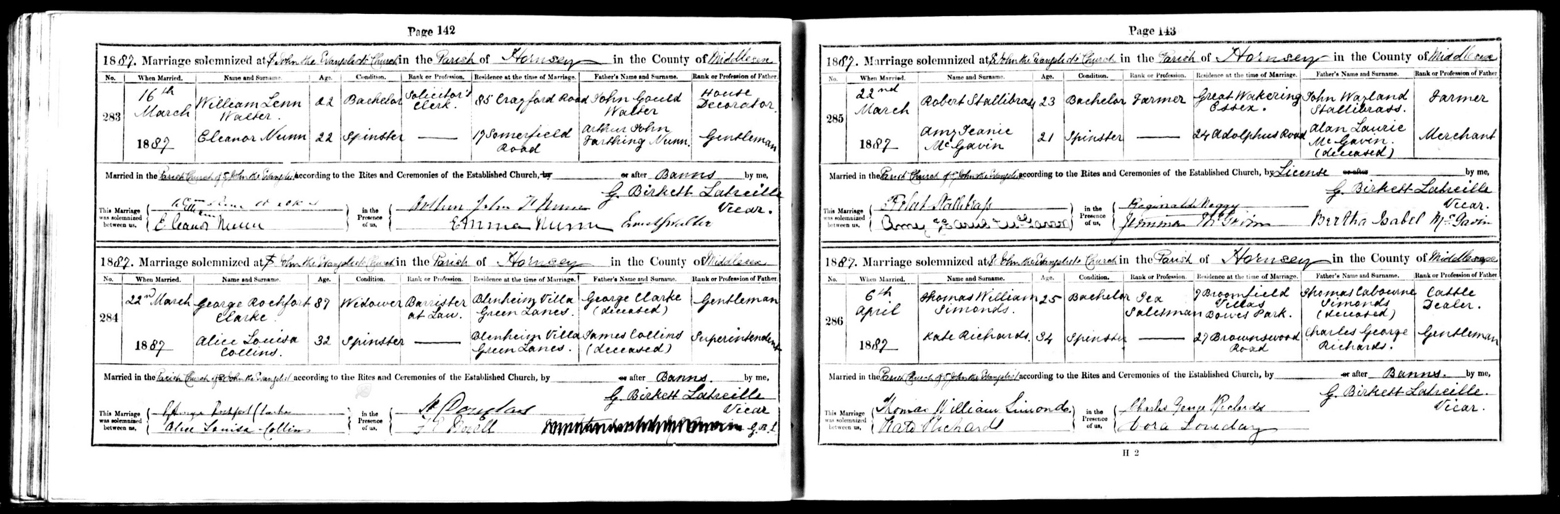 Thomas William Simonds and Kate Richards marriage record (9121 KB) 6 April 1887 1887. Marriage solemnized at St. John the Evangelist Church in the Parish of Hornsey in the County of Middlesex. Hornsey, Middlesex, England. (Click on Picture to View Full Size) picture