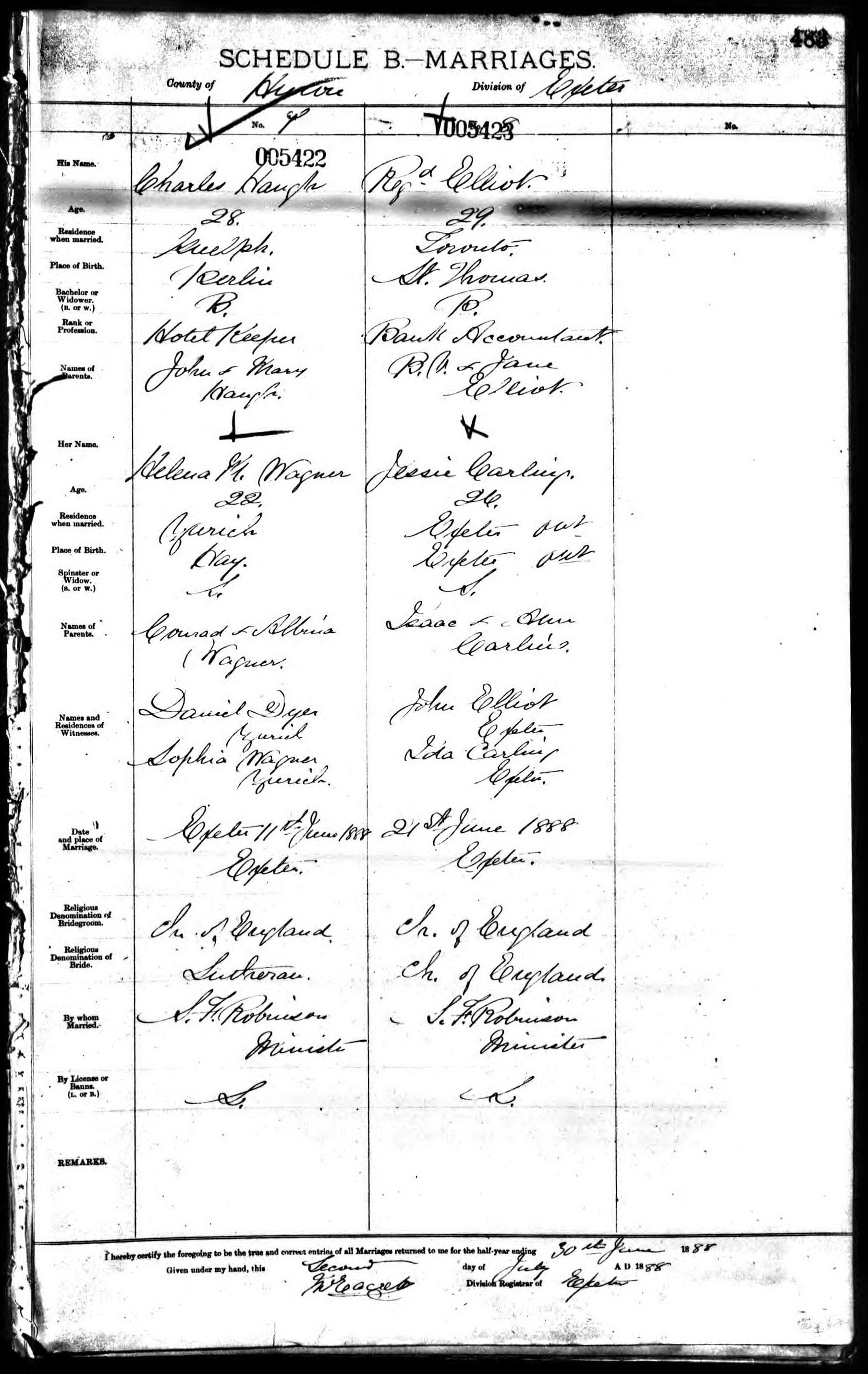 Charles Haugh and Helena M. Wagner marriage record in Exeter (5057 KB) 11 June 1888 MARRIAGES. County of Huron, Division of Exeter. Exeter, Huron County, Ontario, Canada. (Click on Picture to View Full Size) picture