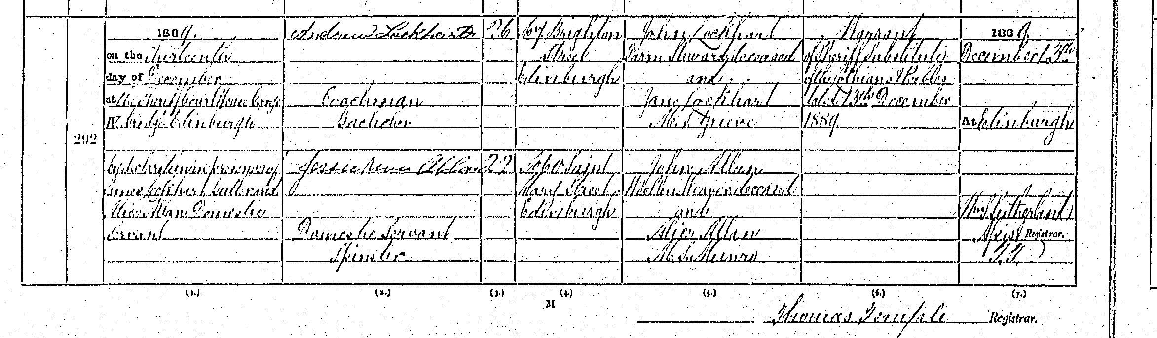 Andrew Lockhart and Jessie Ann Allan marriage record in Edinburgh (4708 KB) 13 December 1889 1889 MARRIAGES in the City of Edinburgh, Scotland; Andrew Lockhart and Jessie Ann Allan (Click on Picture to View Full Size) picture
