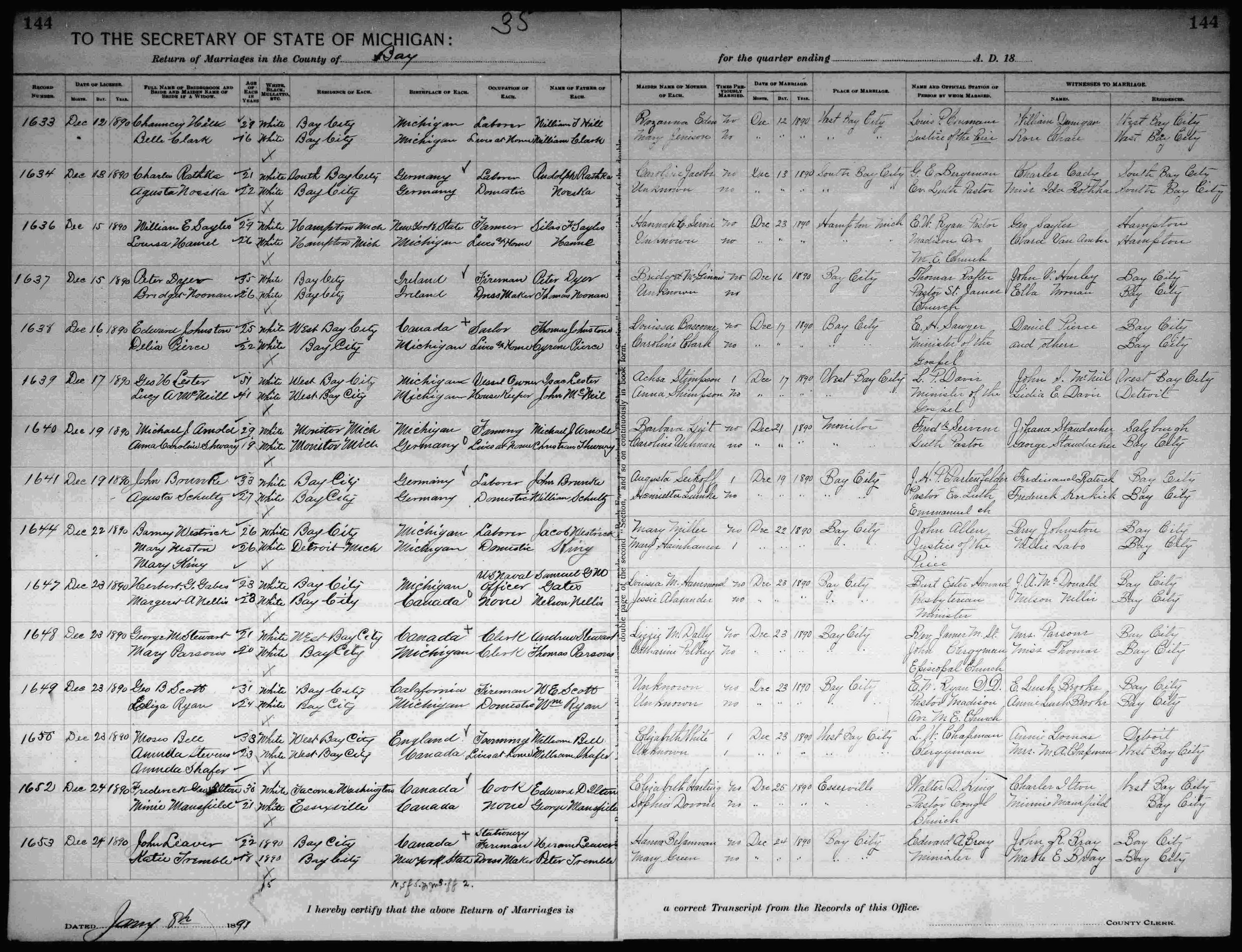 Edward Johnston and Delia Pierce marriage record in Bay City (17746 KB) 17 December 1890 Record No. 1639. License Date Dec. 16, 1890. Edward Johnston, 25, white, of West Bay City, born in Canada, Sailor, son of Thomas Johnstone and Louissa Bascome, not previously married; and Delia Pierce, 22, of Bay City, born in Michigan, Lives at Home, daughter of Cyrene Pierce and Caroline Clark, not previously married; married 17 Dec 1890 in Bay City, Bay County, Michigan by E. H. Sawyer, Minister of the Gospel, witnessed by Daniel Pierce and others of Bay City. (Michigan Marriages, 1868 –1925) (Click on Picture to View Full Size) picture