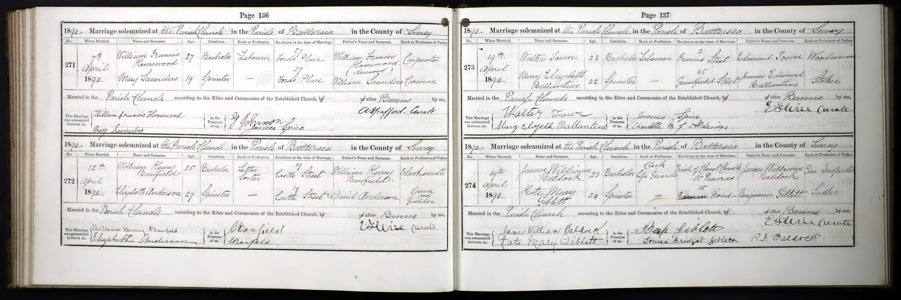 James William Baldock and Kate Mary Giblett marriage record (9010 KB) 19 April 1890 1890. Marriage solemnized at the Parish Church in the Parish of Battersea in the County of Surrey. Battersea, Wandsworth, Surrey, England. (Click on Picture to View Full Size) picture