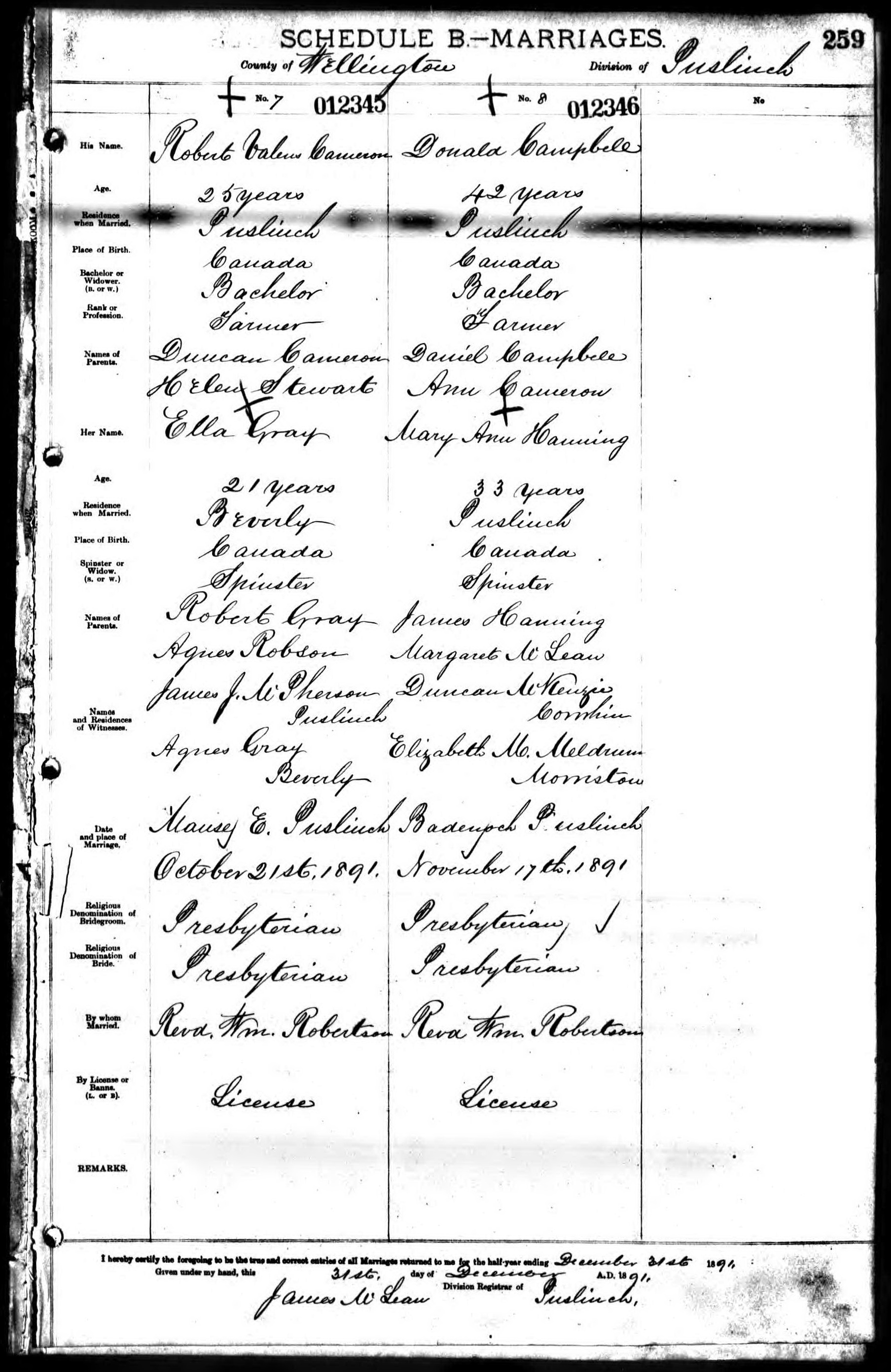 Donald Campbell and Mary Ann Hanning marriage record in Badenoch, Puslinch (4917 KB) 17 November 1891 MARRIAGES. County of Wellington, Division of Puslinch. Badenoch Puslinch, Wellington County, Ontario, Canada. (Click on Picture to View Full Size) picture