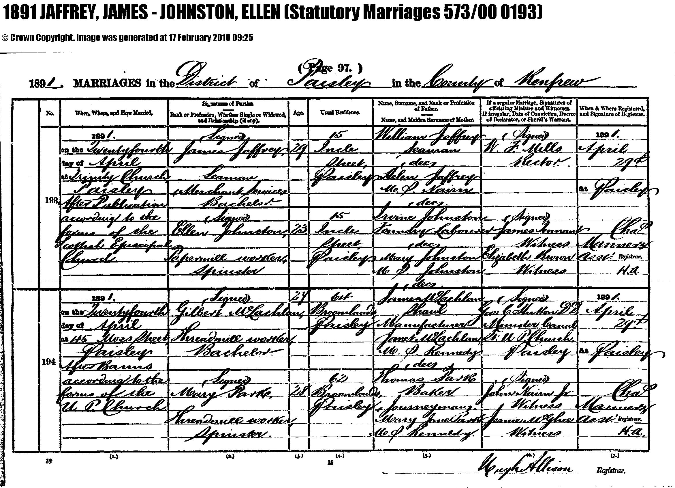 James Jaffrey and Ellen Johnston marriage record (11595 KB) 24 April 1891 1891 MARRIAGES in the District of Paisley in the County of Renfrew, Scotland; James Jeffrey and Ellen Johnston (Click on Picture to View Full Size) picture