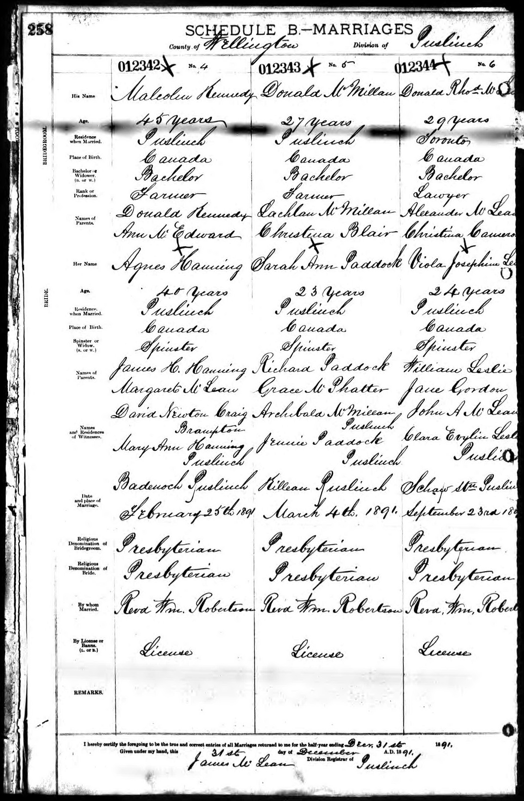 Malcolm Kennedy and Agnes Hanning marriage record in Badenoch, Puslinch (4923 KB) 25 February 1891 MARRIAGES. County of Wellington, Division of Puslinch. Badenoch Puslinch, Wellington County, Ontario, Canada. (Click on Picture to View Full Size) picture