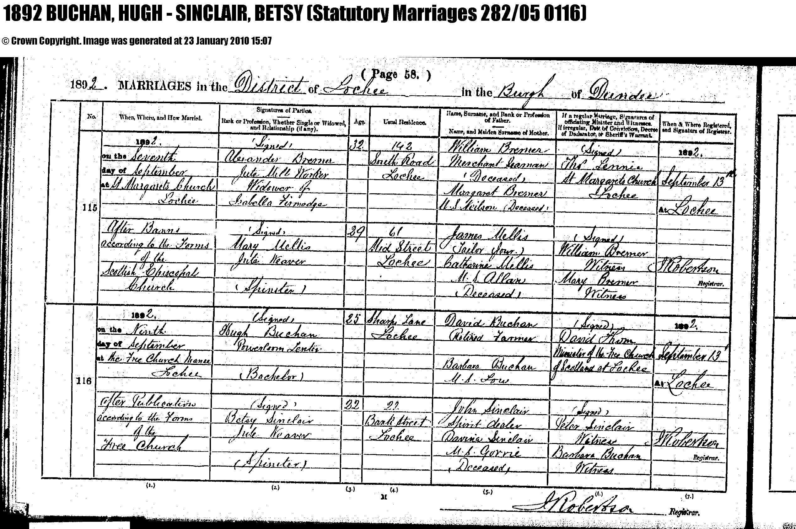 first marriage certificate (12526 KB) 1892 Betsy Sinclair's first marriage to Hugh Buchan Betsy Sinclair & Hugh Buchan Marriage Cert 1892 murrayweb20 added this on 26 Jan 2010 (Click on Picture to View Full Size) picture