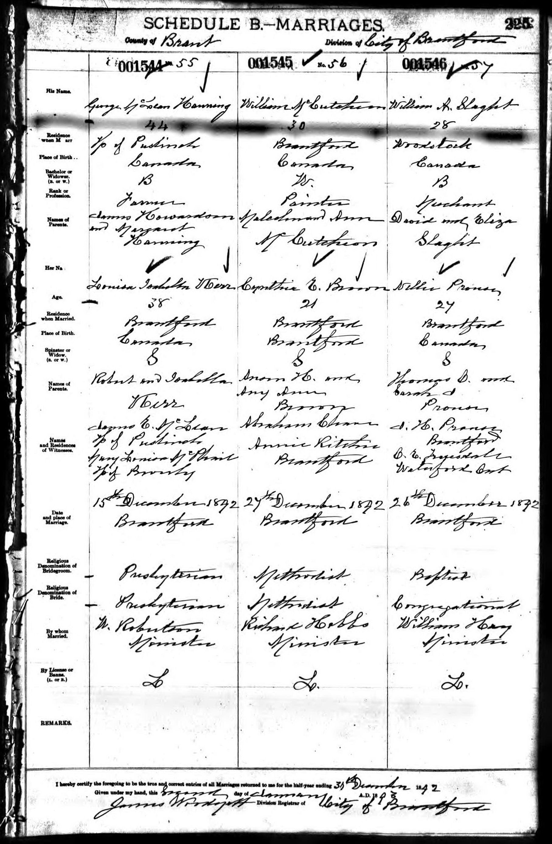 George McLean Hanning and Louisa Isabella Kerr marriage record in Brantford (4923 KB) 15 December 1892 MARRIAGES. County of Brant, City of Brantford. Brantford, Brant County, Ontario, Canada. George McLean Hanning and Louisa Isabella Kerr marriage on 15 December 1892, no. 55 (001544), City of Brantford, County of Brant, Archives of Ontario, Series MS932, Reel 74 (www.ancestry.com : accessed 23 March 2015). (Click on Picture to View Full Size) picture