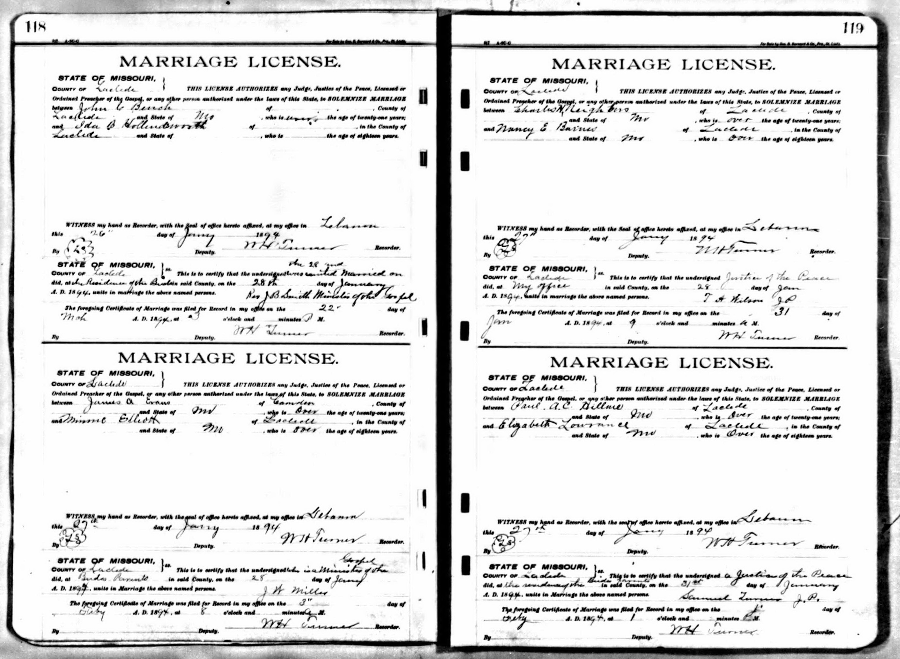 Charles H. Neighbors and Nancy E. Barnes marriage record in Lebanon, Missouri (6954 KB) 28 January 1894 STATE OF MISSOURI, County of Laclede. MARRIAGE LICENSE and affidavit of marriage officiant. (Click on Picture to View Full Size) picture