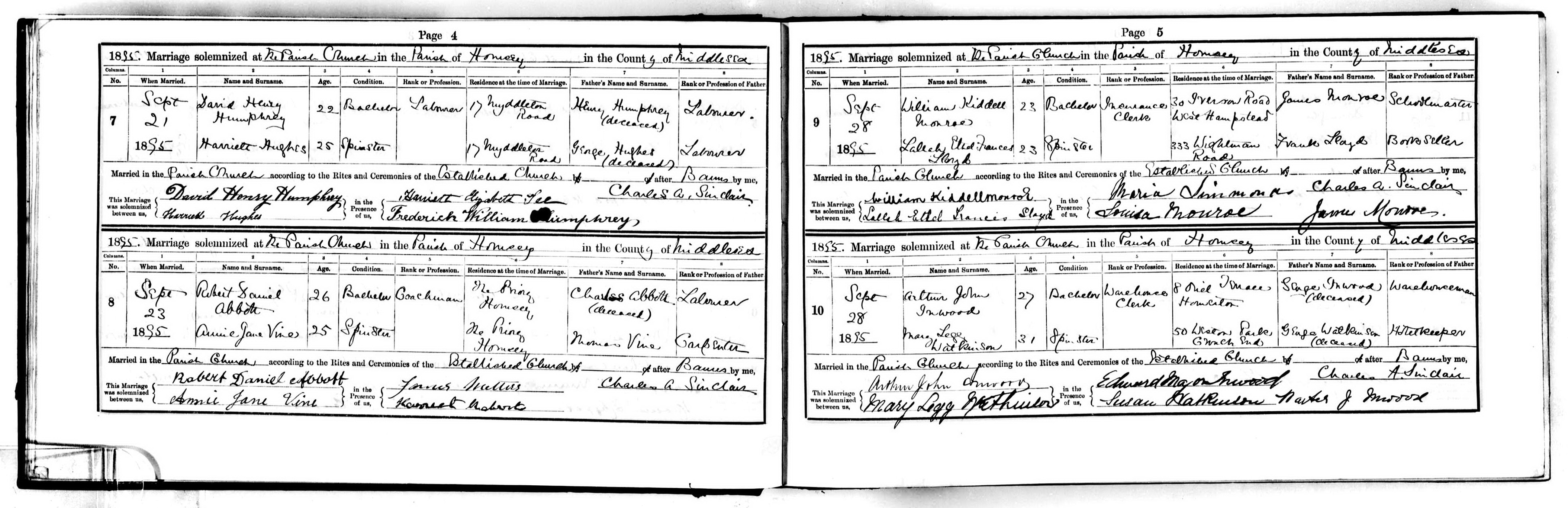 William Kiddell Monroe and Lallah Ethel Frances Lloyd marriage record (5626 KB) 28 September 1895 1895. Marriage solemnized at the Parish Church in the Parish of Hornsey in the County of Middlesex. Hornsey Rise, Islington, Middlesex , England. (Click on Picture to View Full Size) picture