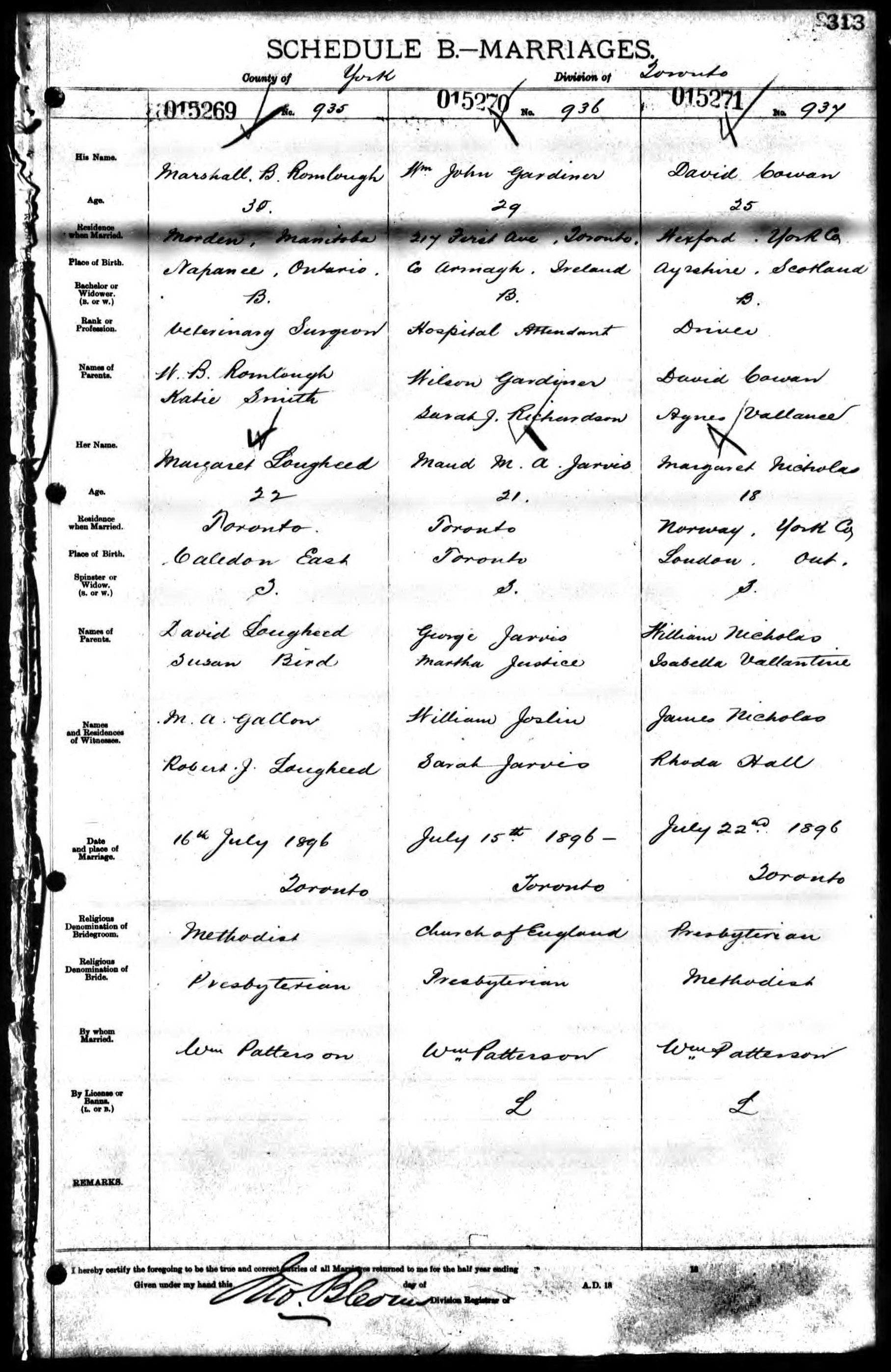 David Cowan and Margaret Nicholas marriage record in Toronto (4962 KB) 22 July 1896 MARRIAGES. County of York, Division of Toronto. Toronto, York County, Ontario, Canada. (Click on Picture to View Full Size) picture