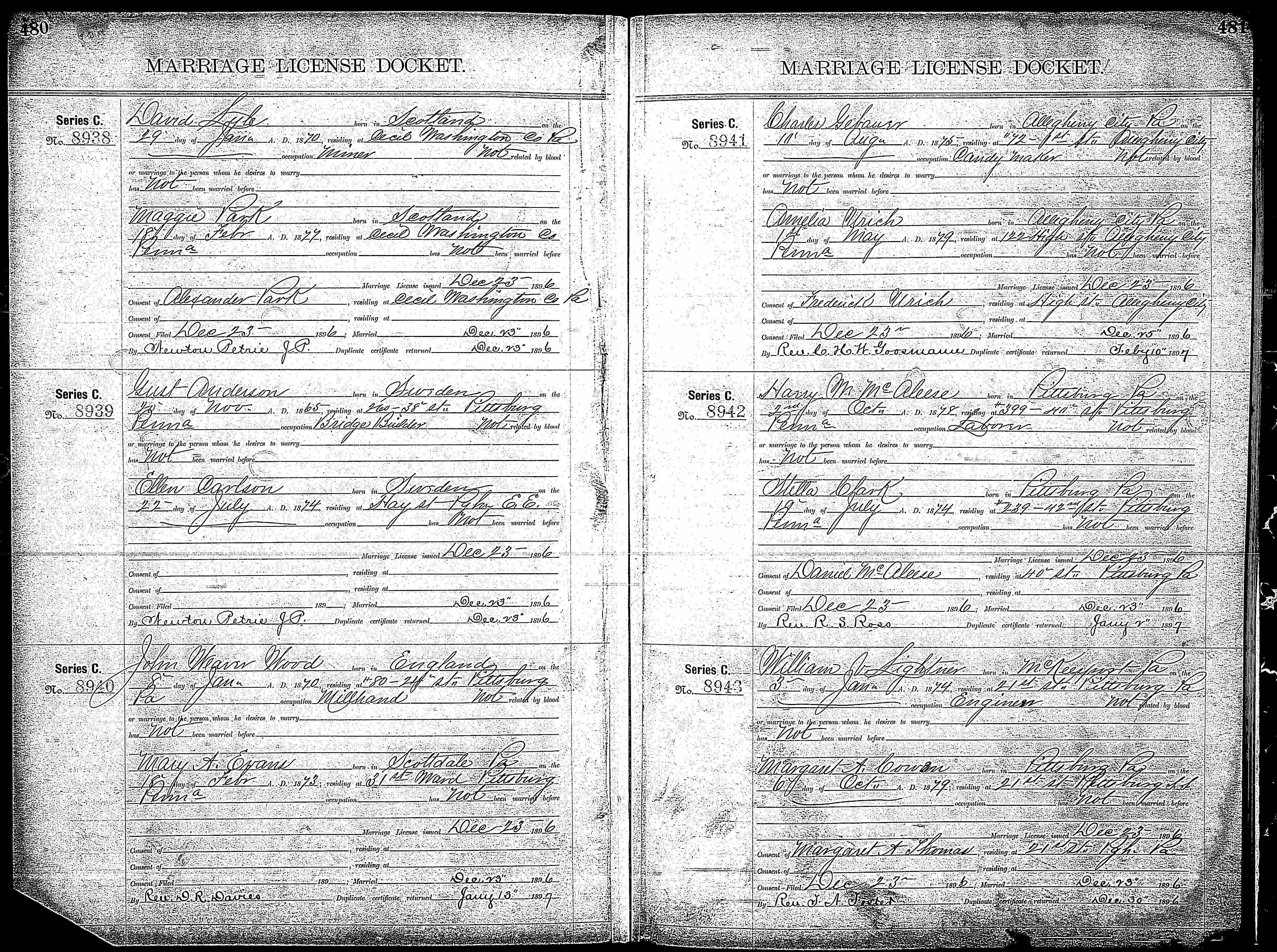 David Lyle and Maggie Park marriage record in Cecil, Pennsylvania (16330 KB) 23 December 1896 MARRIAGE LICENSE DOCKET. Series C. No. 8938. (Click on Picture to View Full Size) picture