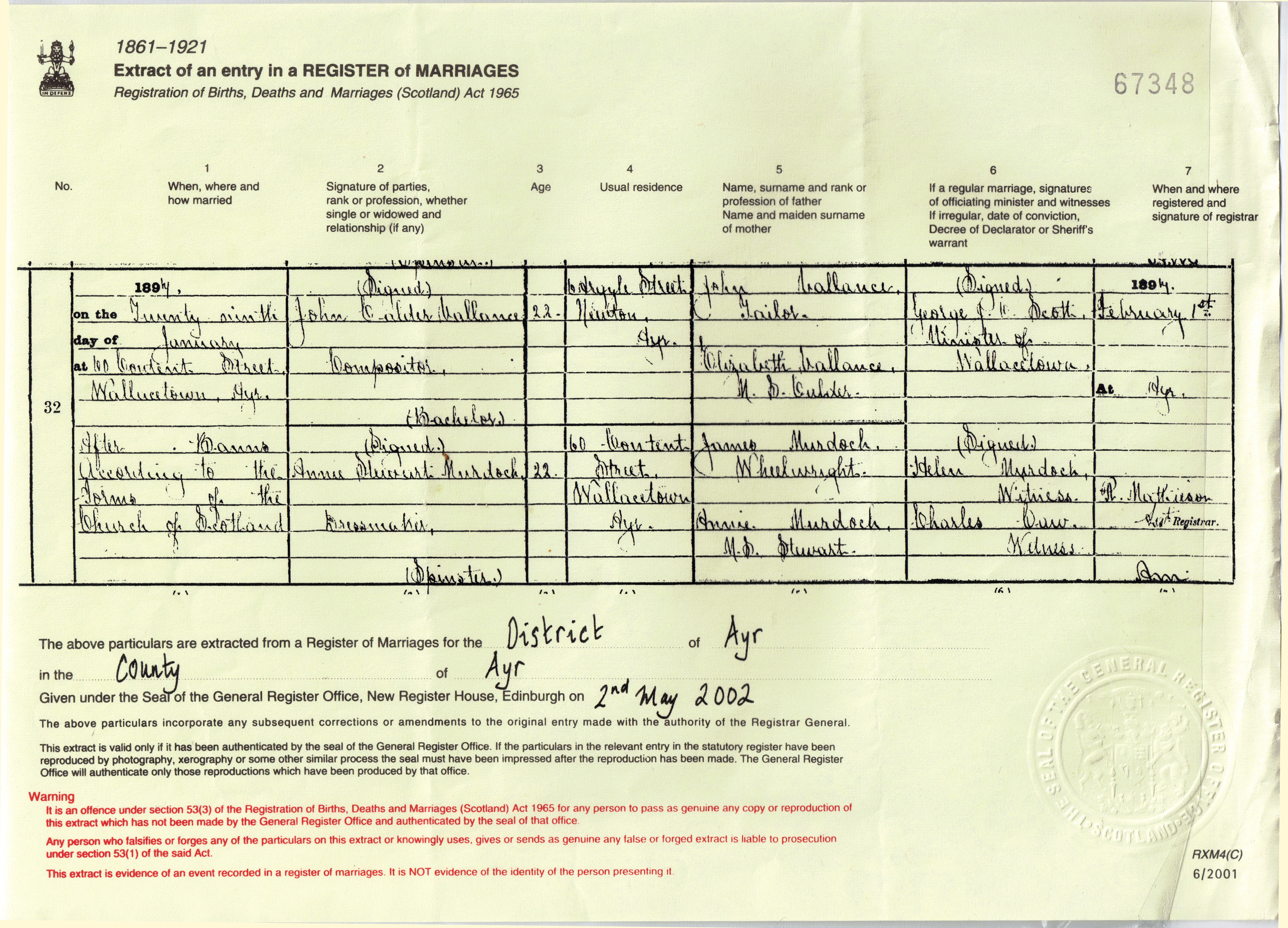 John Calder Vallance and Annie Stewart Murdoch marriage record in Wallacetown (extract) (25384 KB) 29 January 1897 Register of Marriages for the District of Ayr in the County of Ayr, Scotland. (Click on Picture to View Full Size) picture