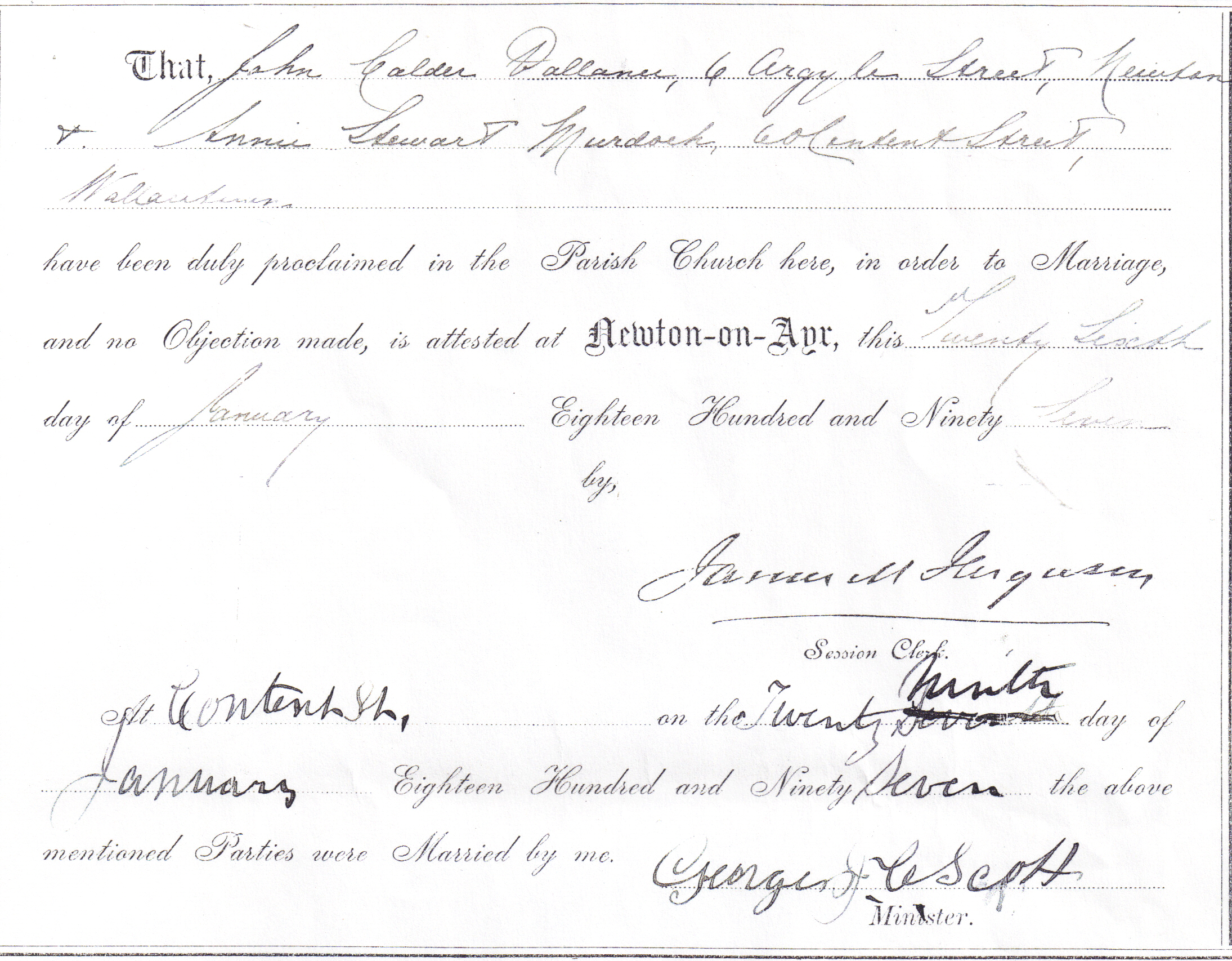 John Calder Vallance and Annie Stewart Murdoch marriage record in Wallacetown (church certificate) (10945 KB) 29 January 1897 Parish Church, Newton-on-Ayr, Scotland. (Click on Picture to View Full Size) picture