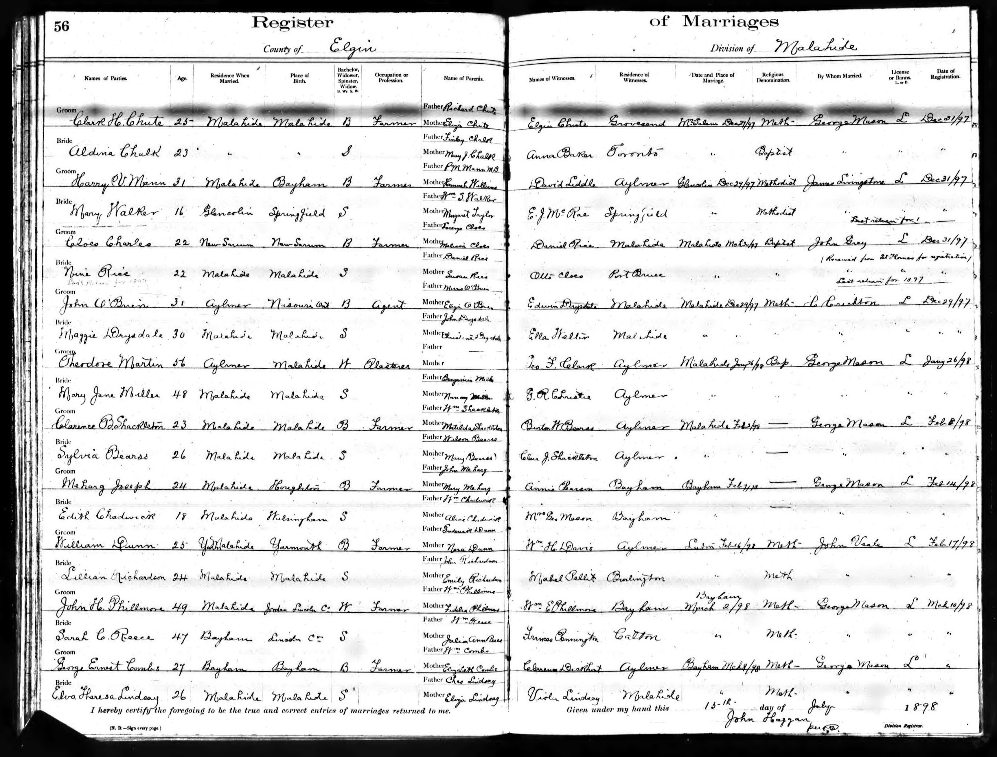 John O'Brien and Maggie Drysdale marriage (26435 KB) 29 December 1897 Archives of Ontario Microfilm: MS940_28 (Click on Picture to View Full Size) picture