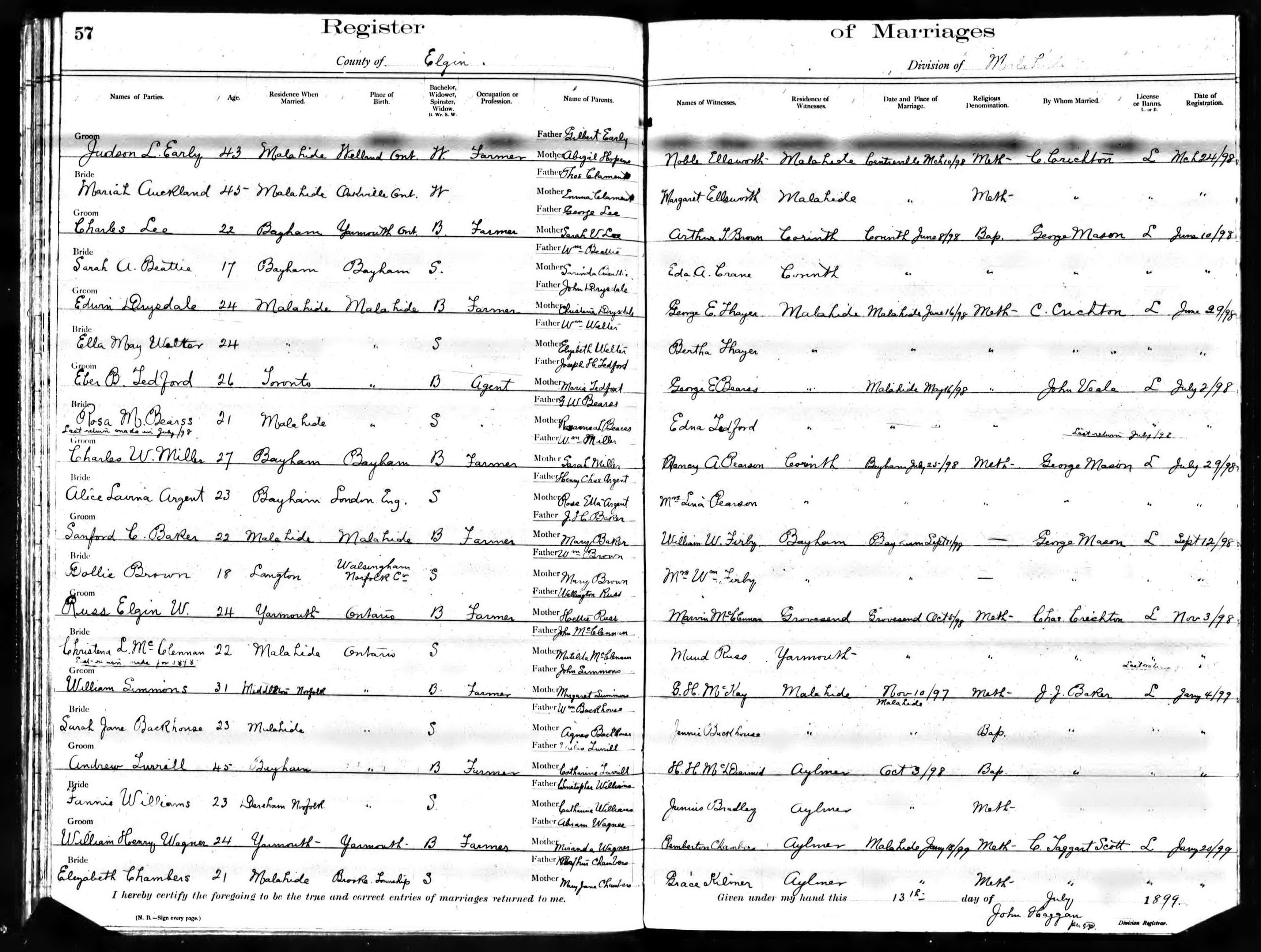 Edwin Drysdale and Ella May Welter marriage (26309 KB) 16 June 1898 Archives of Ontario Microfilm MS940_28 (Click on Picture to View Full Size) picture