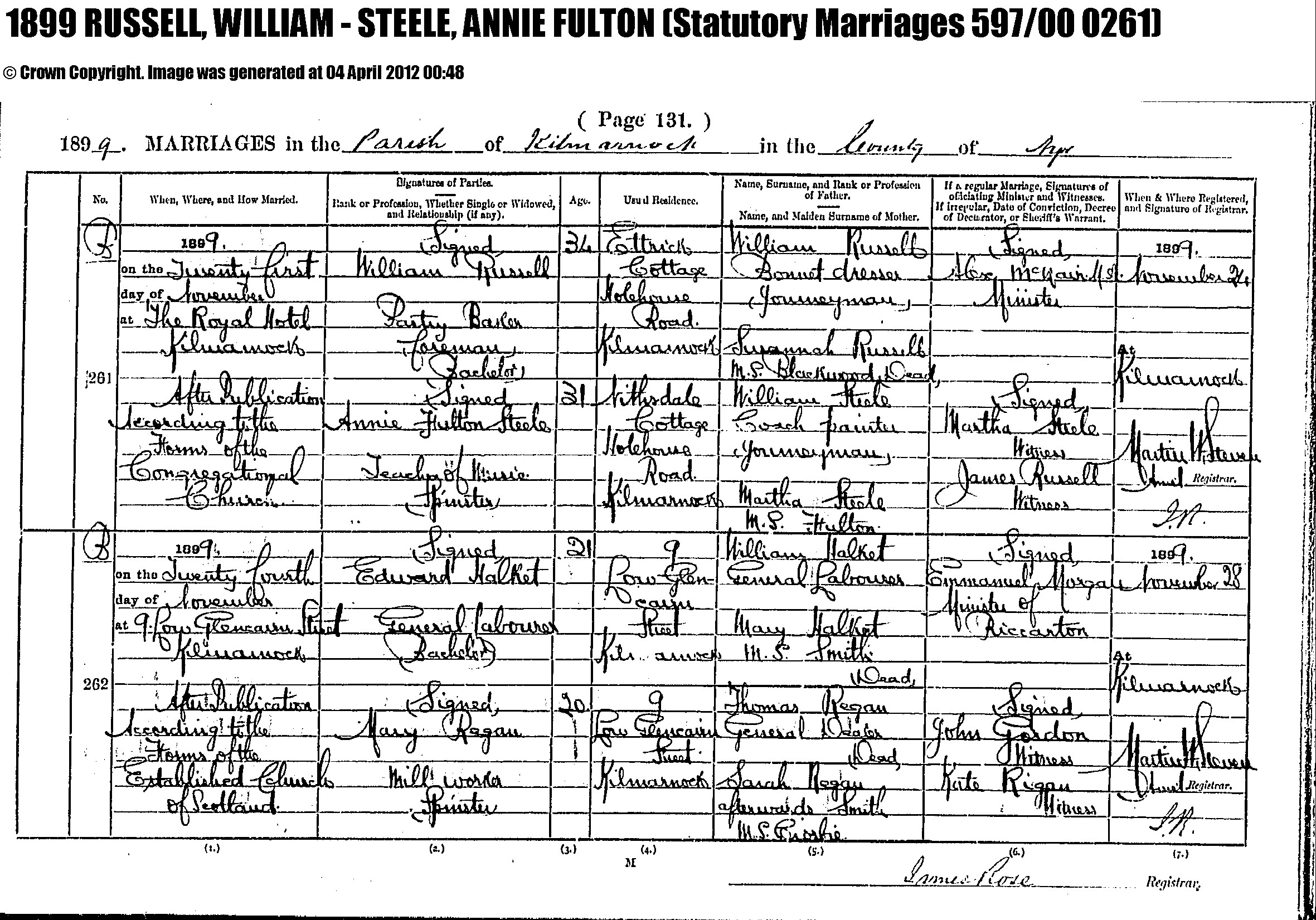 marriage certificate (11424 KB) 21 November 1899 1899 marriage wm to annie fulton steele jimrussell4 added this on 28 Dec 2012 (Click on Picture to View Full Size) picture