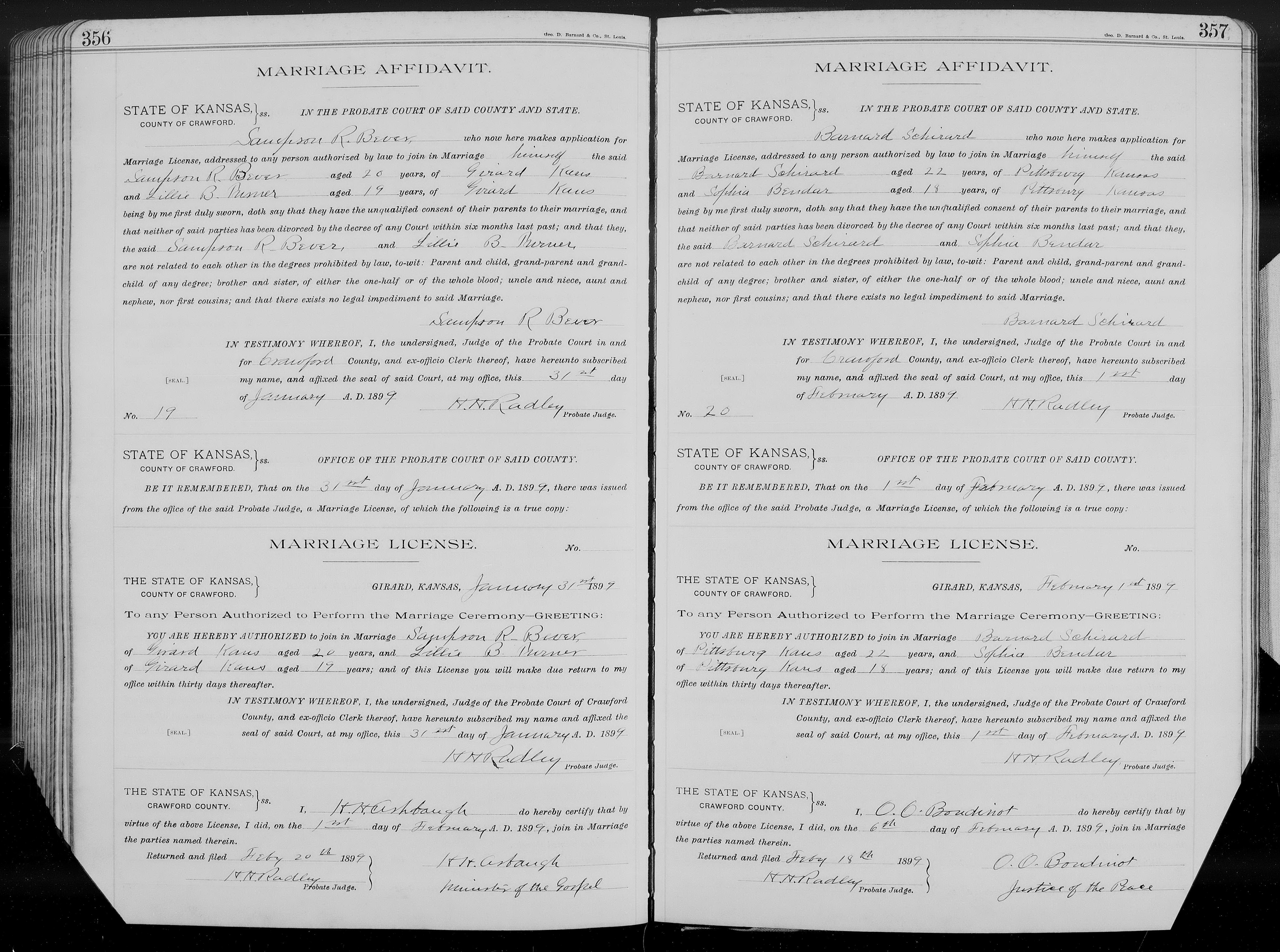 Sampson R. Bever and Lillie B. Turner marriage in Crawford County, Kansas (17043 KB) 1 February 1899 STATE OF KANSAS, County of Crawford. Office of Probate Judge of said County. Marriage License, and returned affidavit of marriage officiant. (Click on Picture to View Full Size) picture