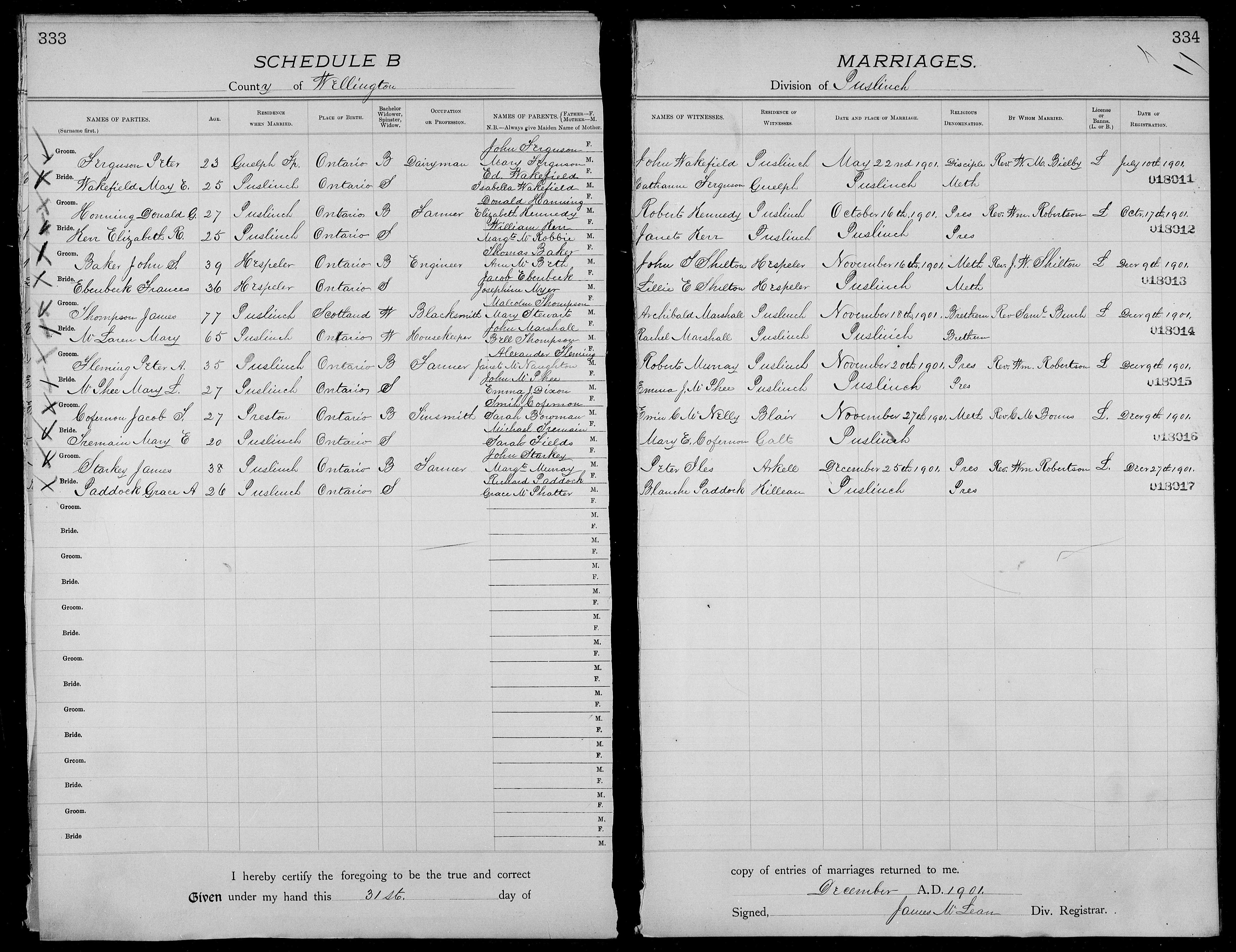 Donald G. Hanning and Elizabeth R. Kerr marriage record in Puslinch (53358 KB) 16 October 1901 MARRIAGES. County of Wellington, Division of Puslinch. Ontario, Canada. (Click on Picture to View Full Size) picture