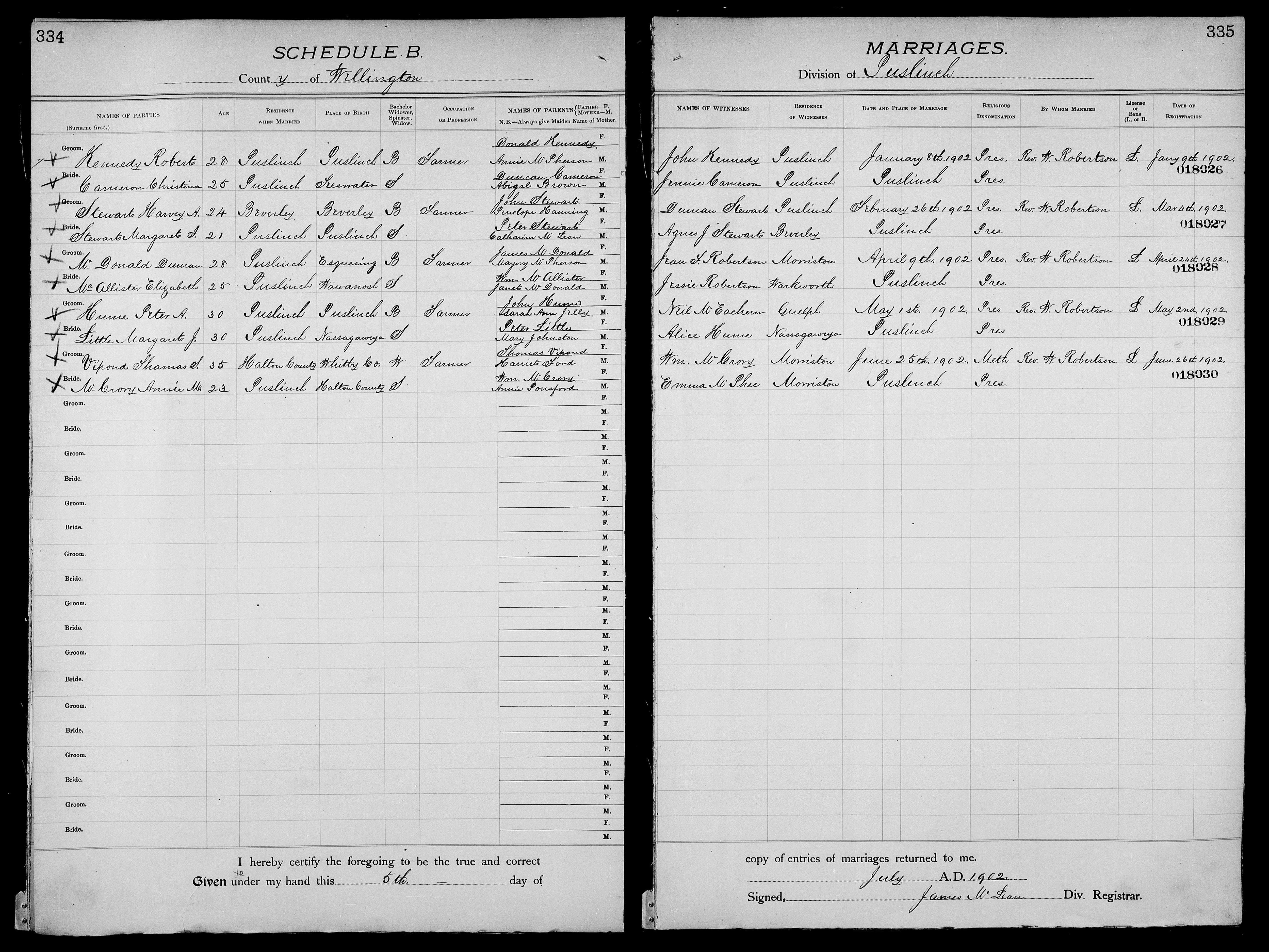 Harvey A. Stewart and Margaret I. Stewart marriage record in Puslinch (54916 KB) 26 February 1902 MARRIAGES. County of Wellington. Puslinch, Wellington County, Ontario, Canada. (Click on Picture to View Full Size) picture