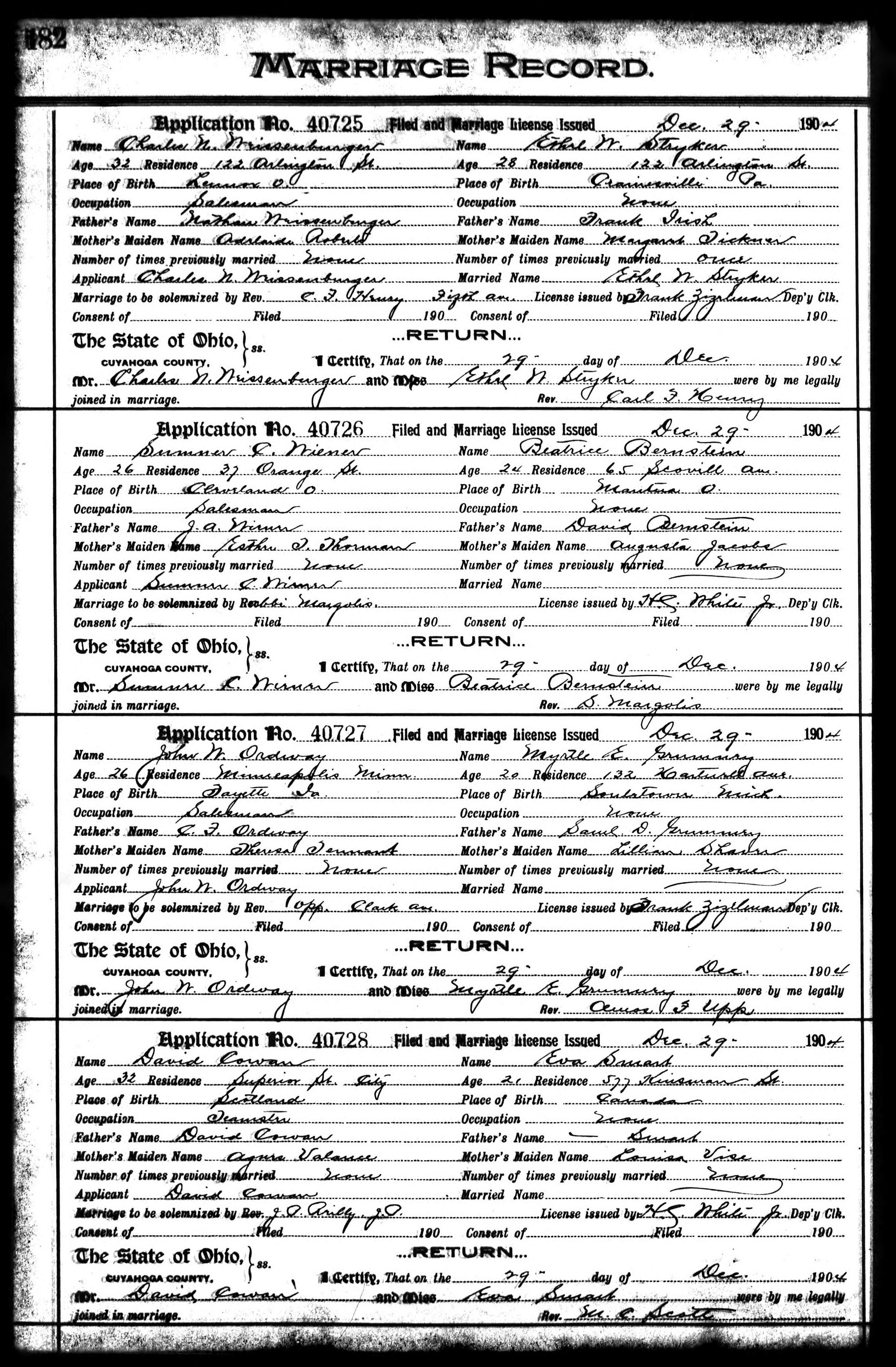 David Cowan and Eva Smart marriage record in Cuyahoga County, Ohio (13057 KB) 29 December 1904 MARRIAGE RECORD. Marriage License and Return. The State of Ohio, Cuyahoga County. (Click on Picture to View Full Size) picture