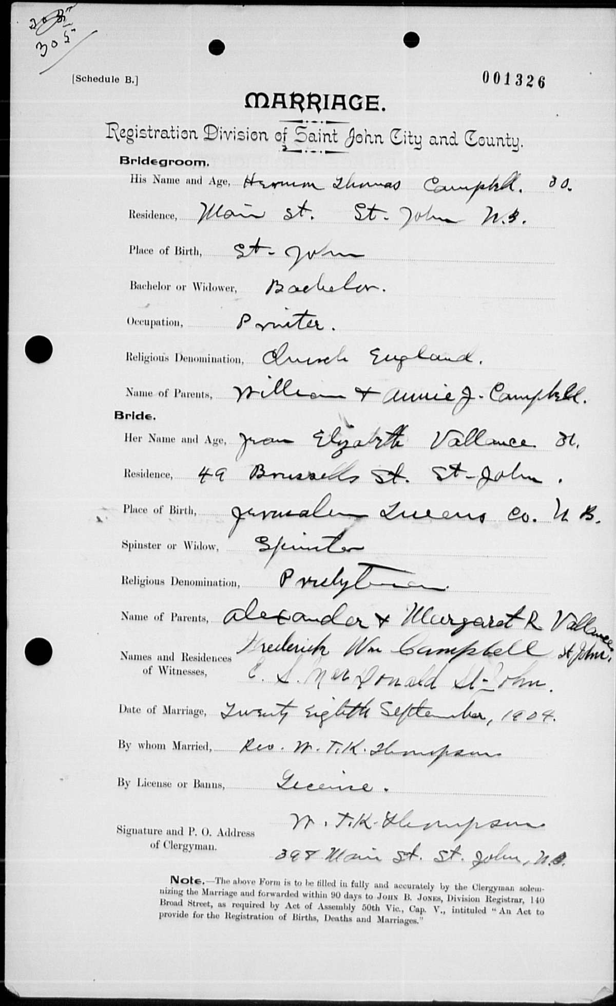 Herman Thomas Campbell and Jean Elizabeth Vallance marriage record — p1 (6880 KB) 28 September 1904 MARRIAGE. Registration Division of Saint John City and County. New Brunswick, Canada. (Click on Picture to View Full Size) picture