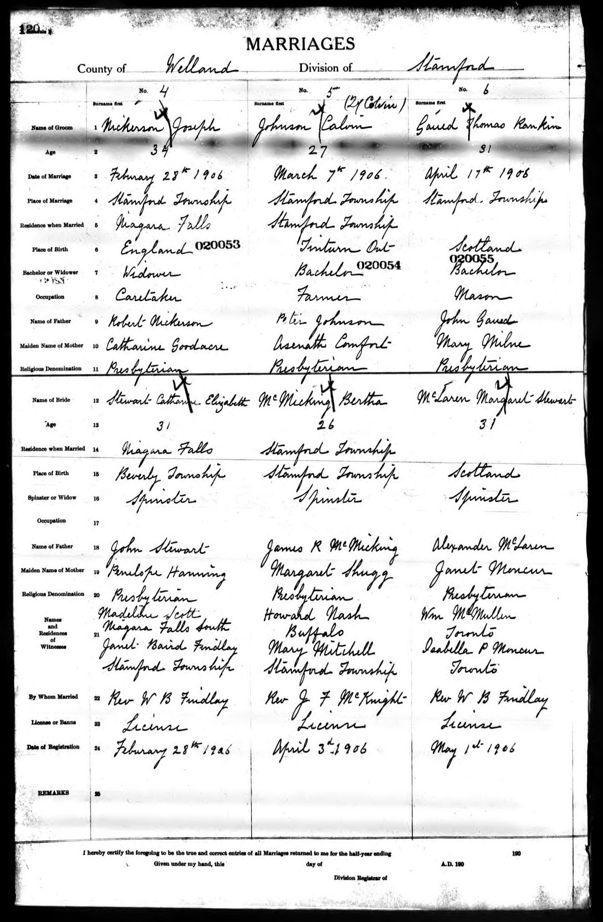 Joseph Nickerson and Catherine Elizabeth Stewart marriage record in Stamford Township (5804 KB) 28 February 1906 MARRIAGES. County of Welland, Division of Stamford. Stamford Township, Welland County, Ontario, Canada. (Click on Picture to View Full Size) picture