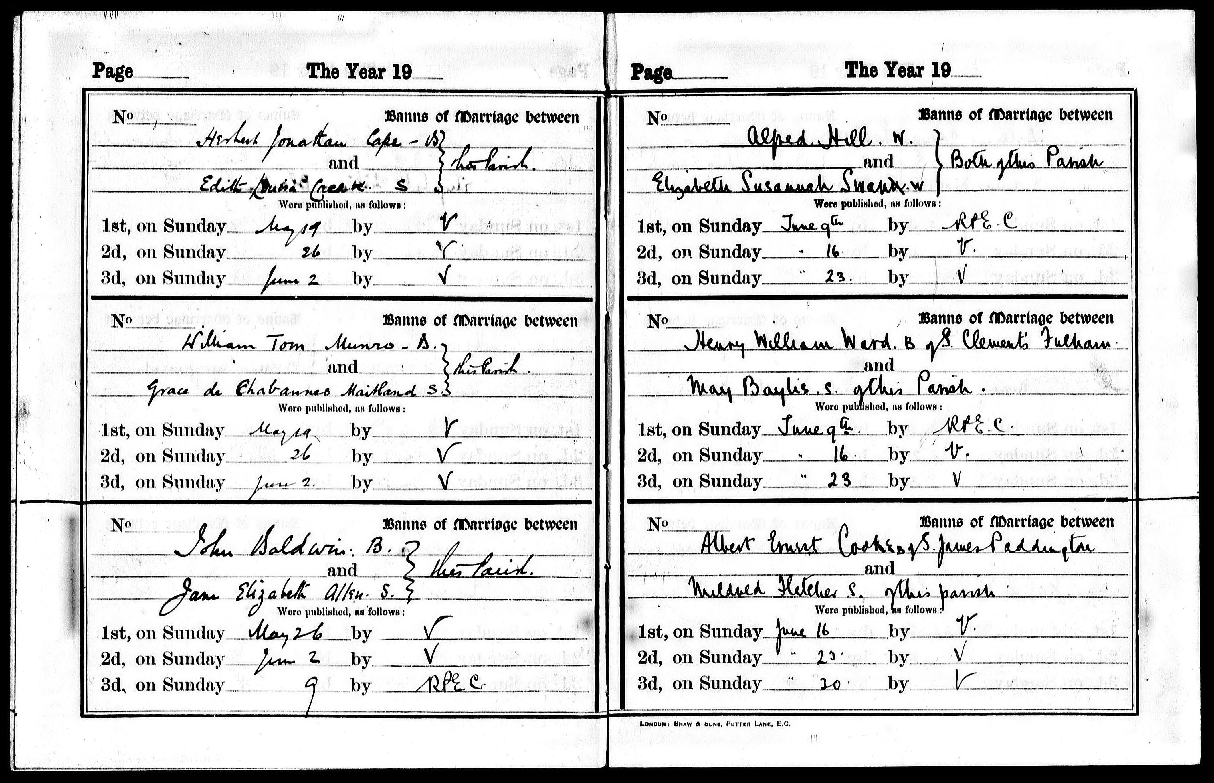 Marriage banns for Herbert Jonathan Cape and Edith Louisa Creak in St Peter Hammersmith (34242 KB) 1907 St Peter's Church, St Peter Hammersmith Parish, London, England (Click on Picture to View Full Size) picture