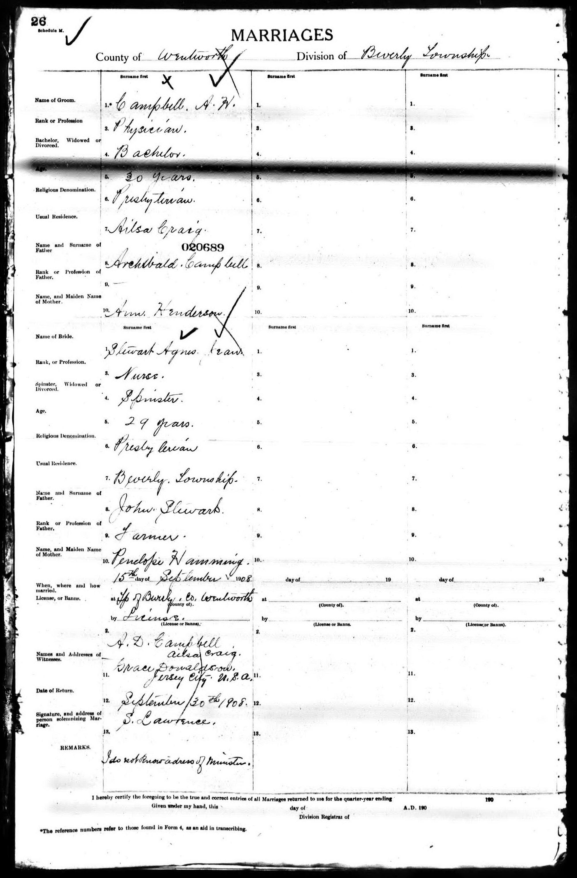 A. H. Campbell and Agnes Jean Stewart marriage record in Beverly Township (5965 KB) 15 September 1908 MARRIAGES. County of Wentworth, Division of Beverly Township. Beverly Township, Wentworth County, Ontario, Canada. (Click on Picture to View Full Size) picture
