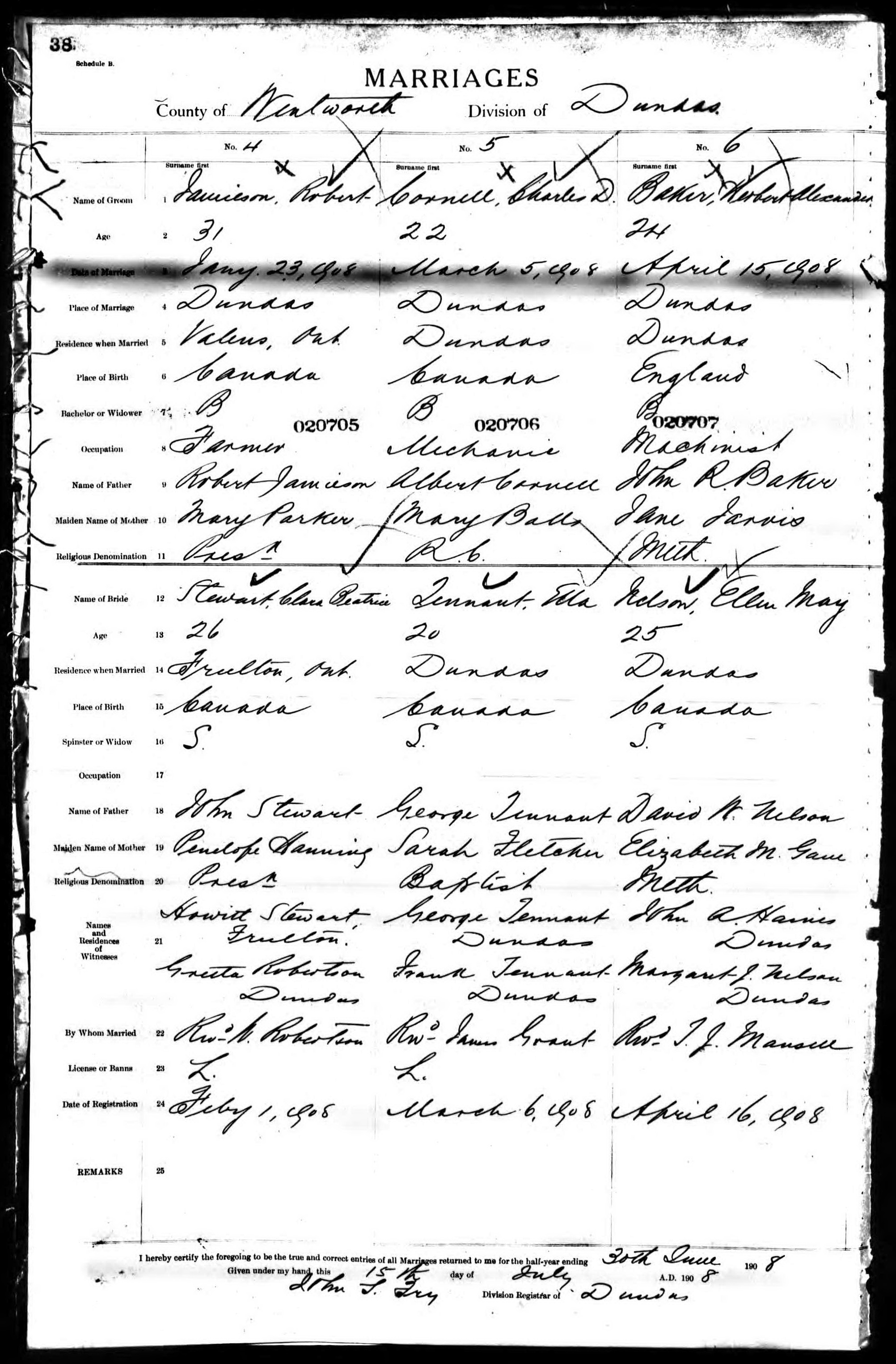 Robert Jamieson and Clara Beatrice Stewart marriage record in Dundas (5965 KB) 23 January 1908 MARRIAGES. County of Wentworth, Division of Dundas. Dundas, Wentworth County, Ontario, Canada. (Click on Picture to View Full Size) picture
