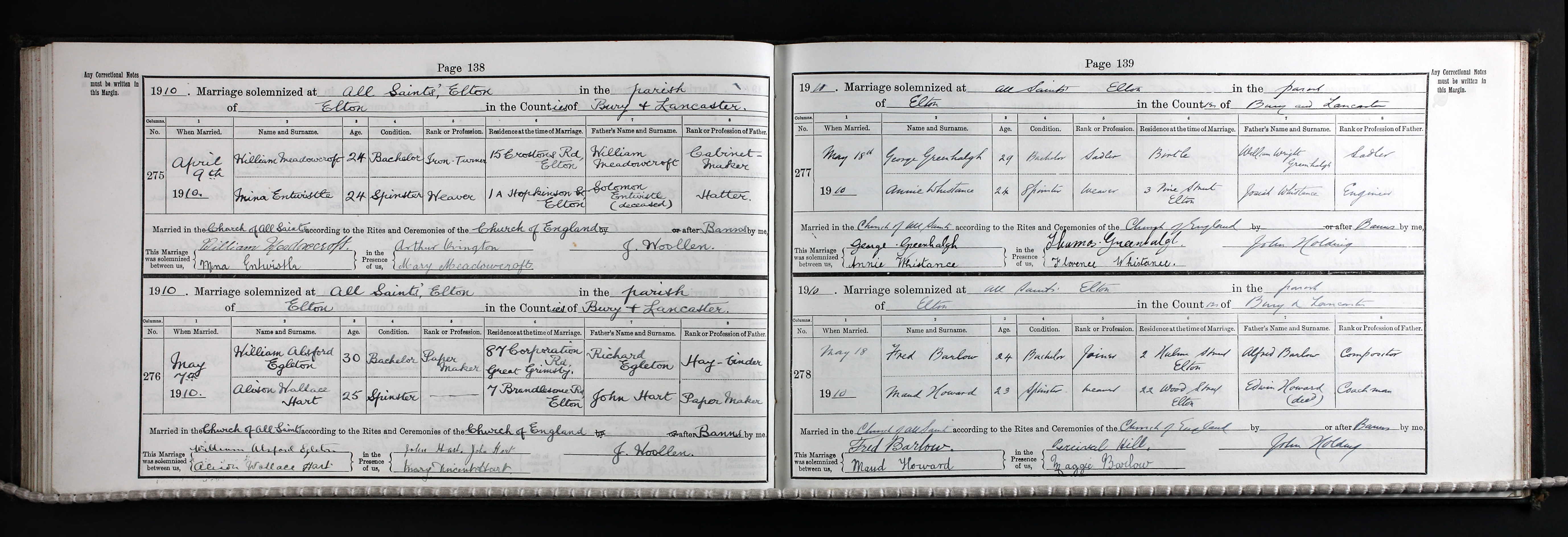 marriage register (30488 KB) 1910 Alison Wallace Hart and William Alsford Egleton in All Saints Church in the Parish of Elton, Bury, Lancashire, England (Click on Picture to View Full Size) picture