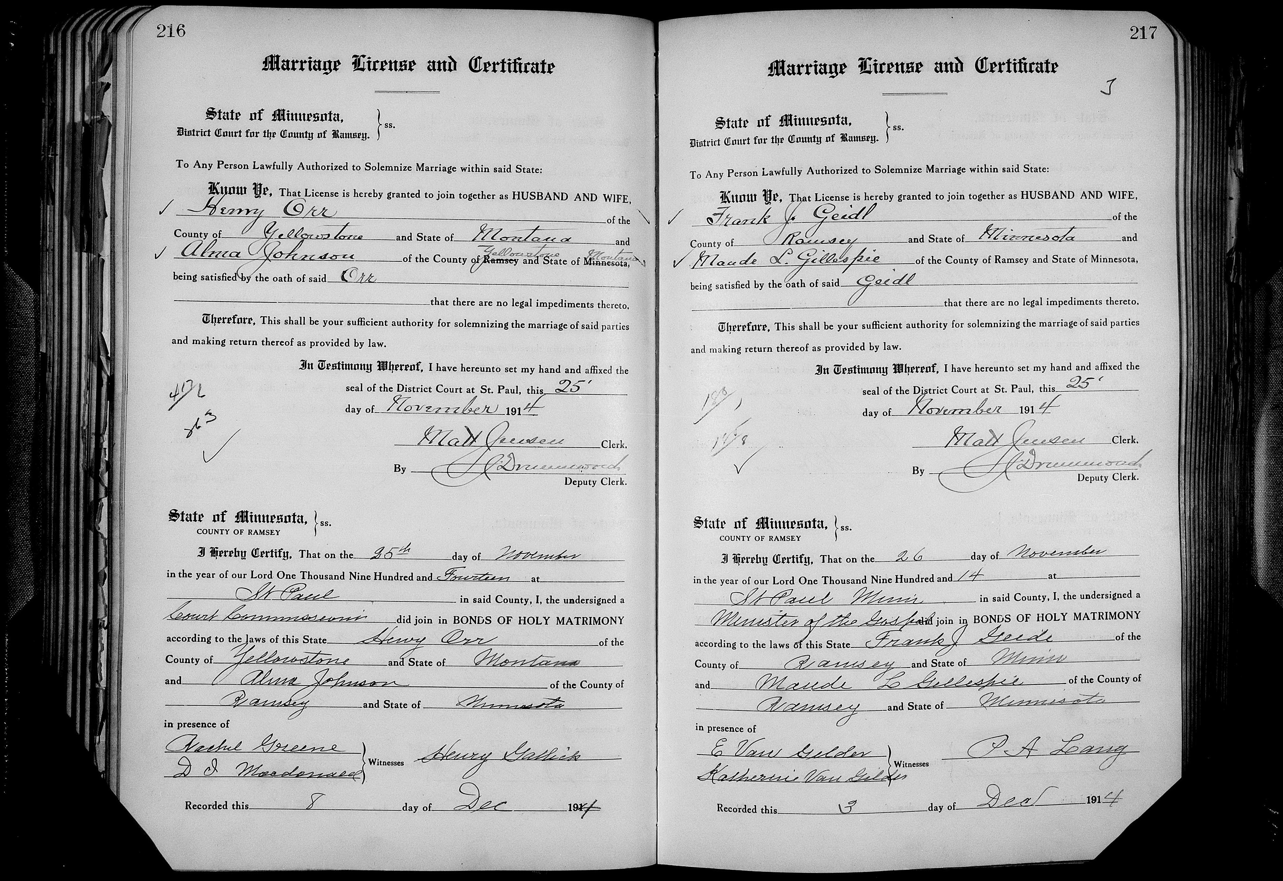 Henry Orr and Alma Johnson marriage record in Saint Paul, Minnesota (11229 KB) 25 November 1914 Marriage License and Certificate. Sate of Minnesota, District Court for the County of Ramsey. SS. (Click on Picture to View Full Size) picture