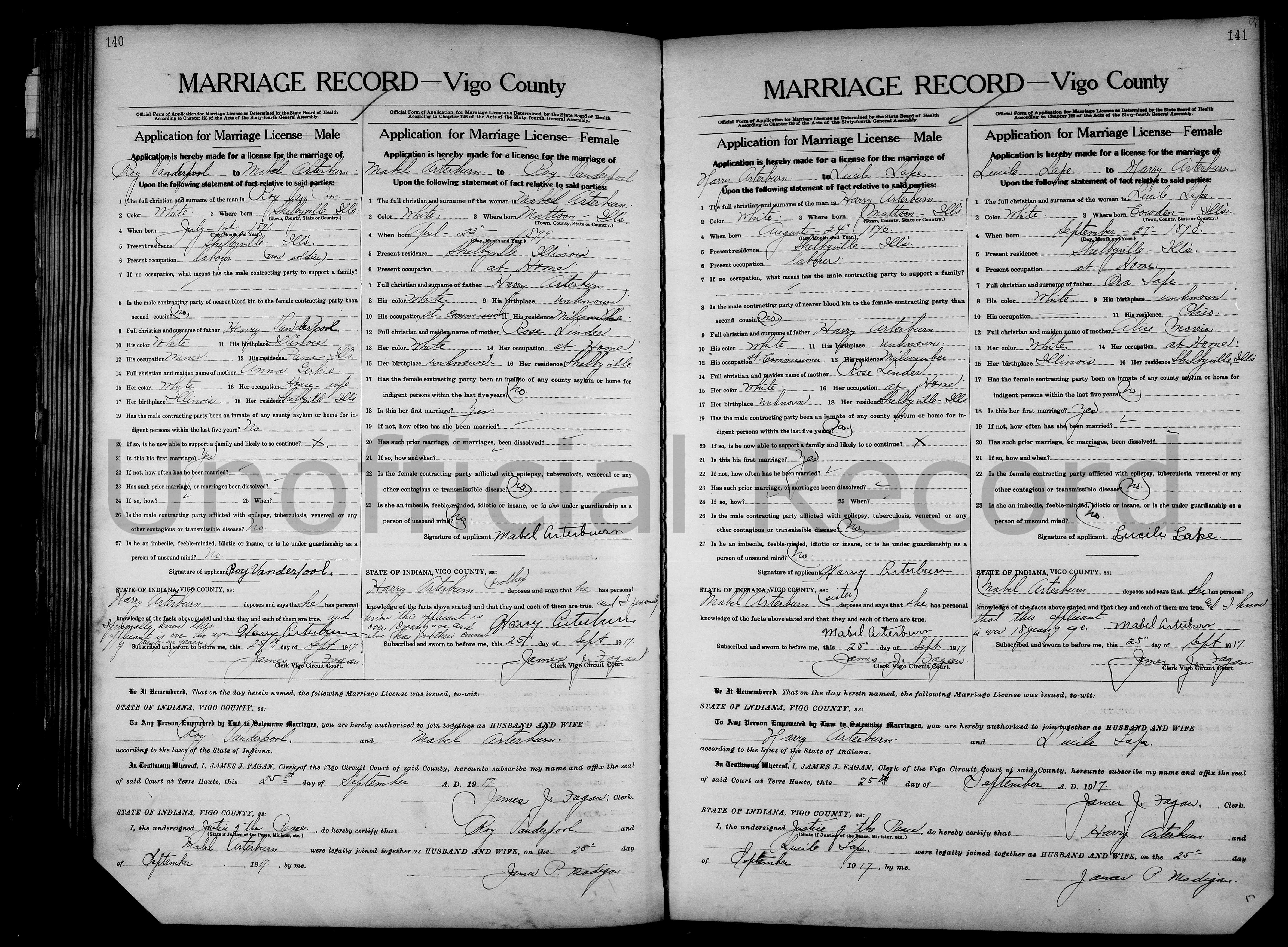 Marriage Record for Roy Vanderpool and Mabel Arterburn, and for Harry Arterburn and Lucile Lape, in Vigo County, Indiana (16072 KB) 25 September 1917 MARRIAGE RECORD — Vigo County, Indiana. Application, License, and Return. (Click on Picture to View Full Size) picture