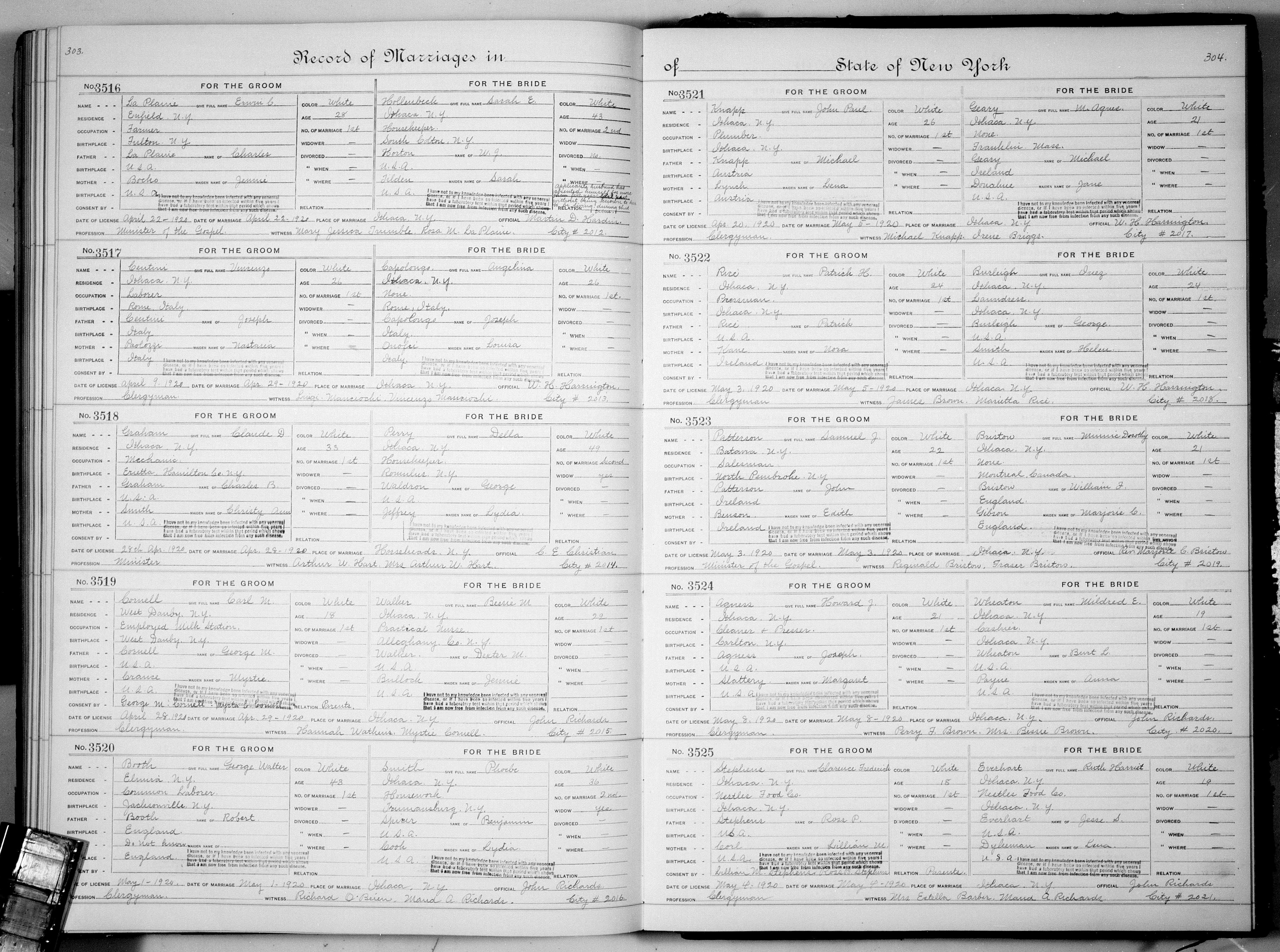Howard J. Agness and Mildred E. Wheaton marriage record in Ithaca (15298 KB) 8 May 1920 1920. Record of Marriages in the State of New York. Ithaca, Tompkins County, New York, USA. (Click on Picture to View Full Size) picture