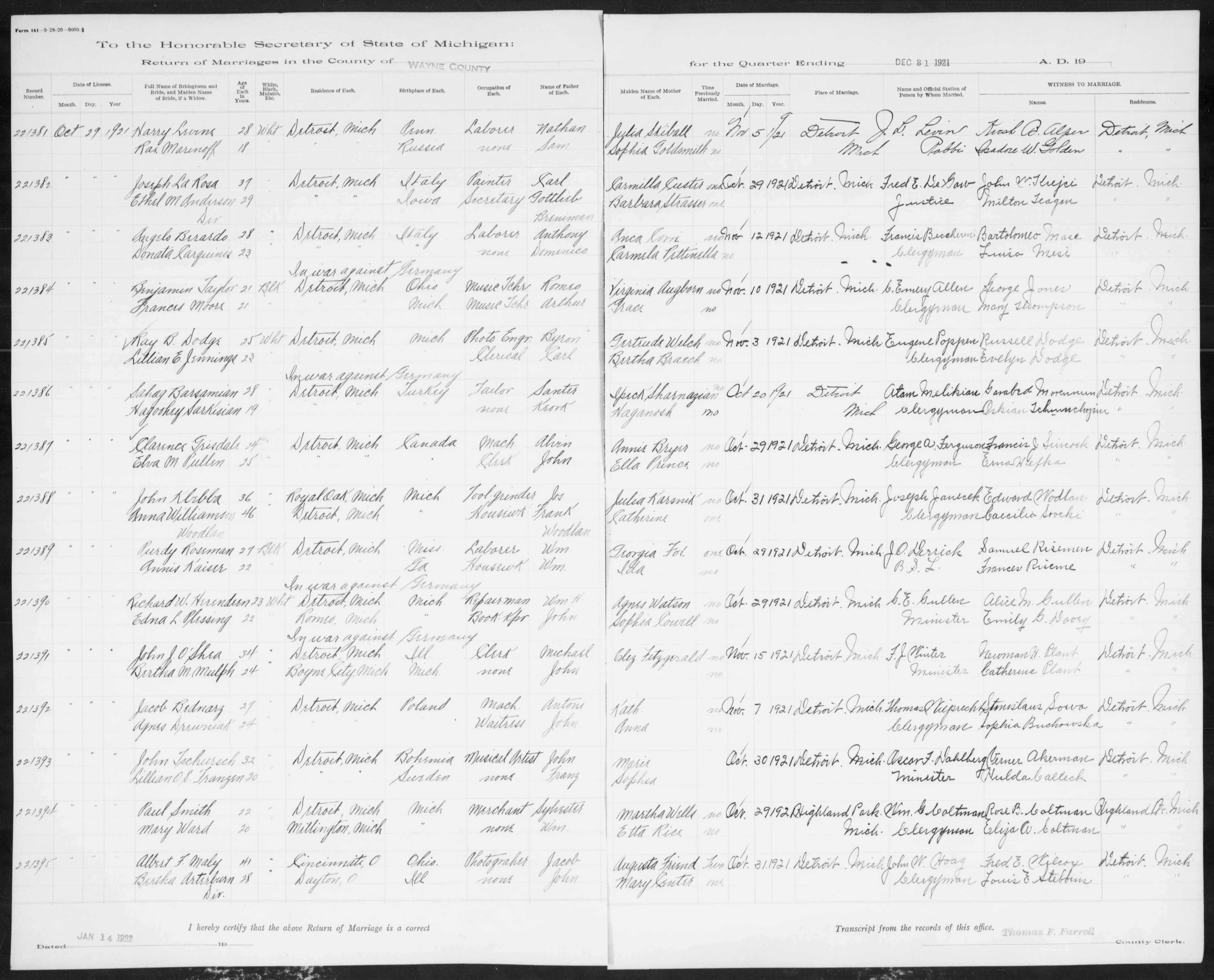 Albert F. Maly and Bertha Arterburn marriage record in Detroit, Michigan (17164 KB) 31 October 1921 To the Honorable Secretary of State of Michigan: Return of Marriages in the County of WAYNE COUNTY for the Quarter Ending DEC 31 1921 A.D. 19.... (Click on Picture to View Full Size) picture
