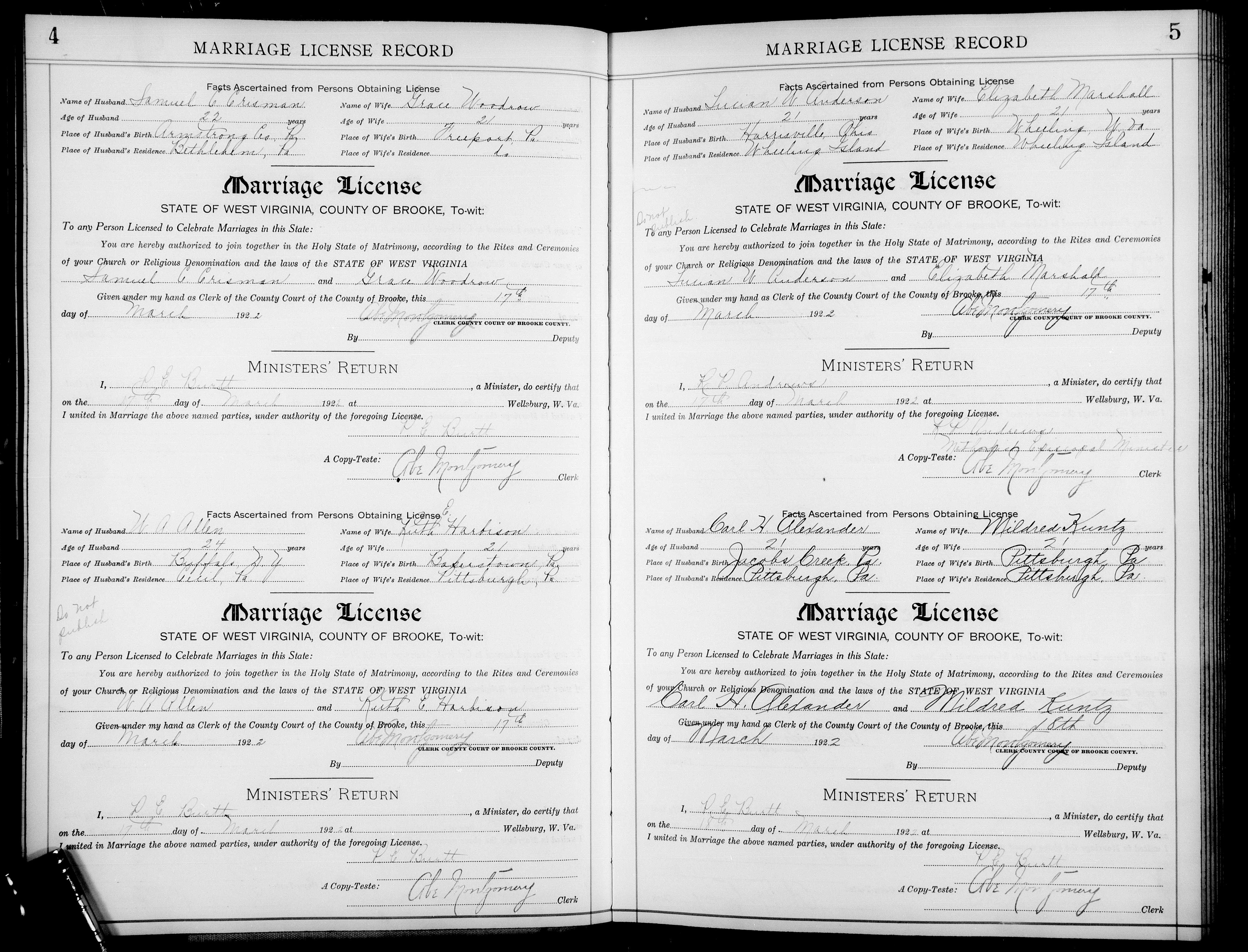 W. A. Allen and Ruth E. Harbison marriage record in Wellsburg, West Virginia (15445 KB) 17 March 1922 1922. State of West Virginia, County of Brooke. Facts Ascertained from Persons Obtaining License, Marriage License, and Ministers' Return for W. A. Allen and Ruth E. Harbison (Click on Picture to View Full Size) picture