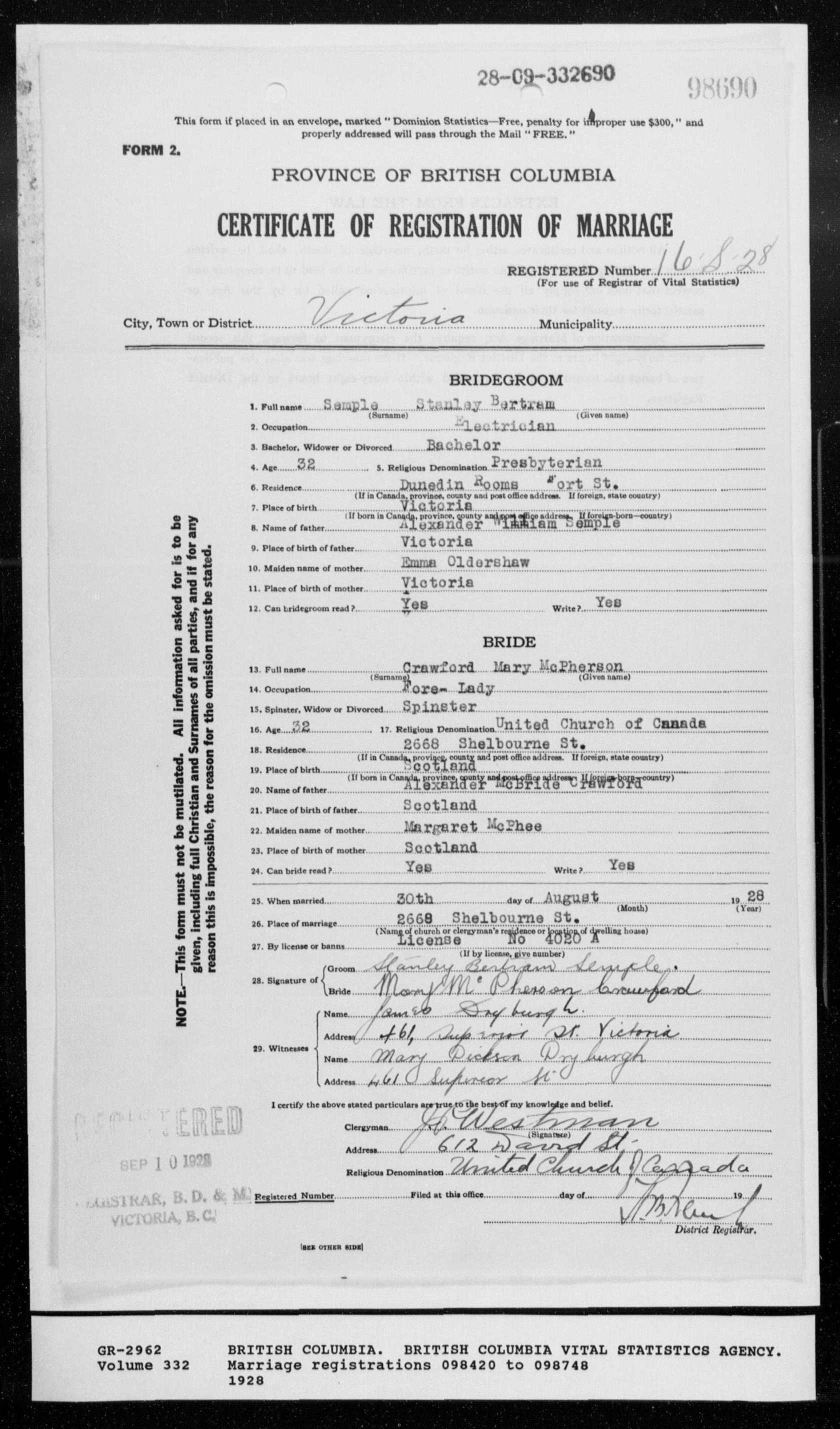 Stanley Bertram Semple and Mary McPherson Crawford marriage record in Victoria, British Columbia, Canada (4688 KB) 30 August 1928 Province of British Columbia. Certificate of Registration of Marriage. (Click on Picture to View Full Size) picture