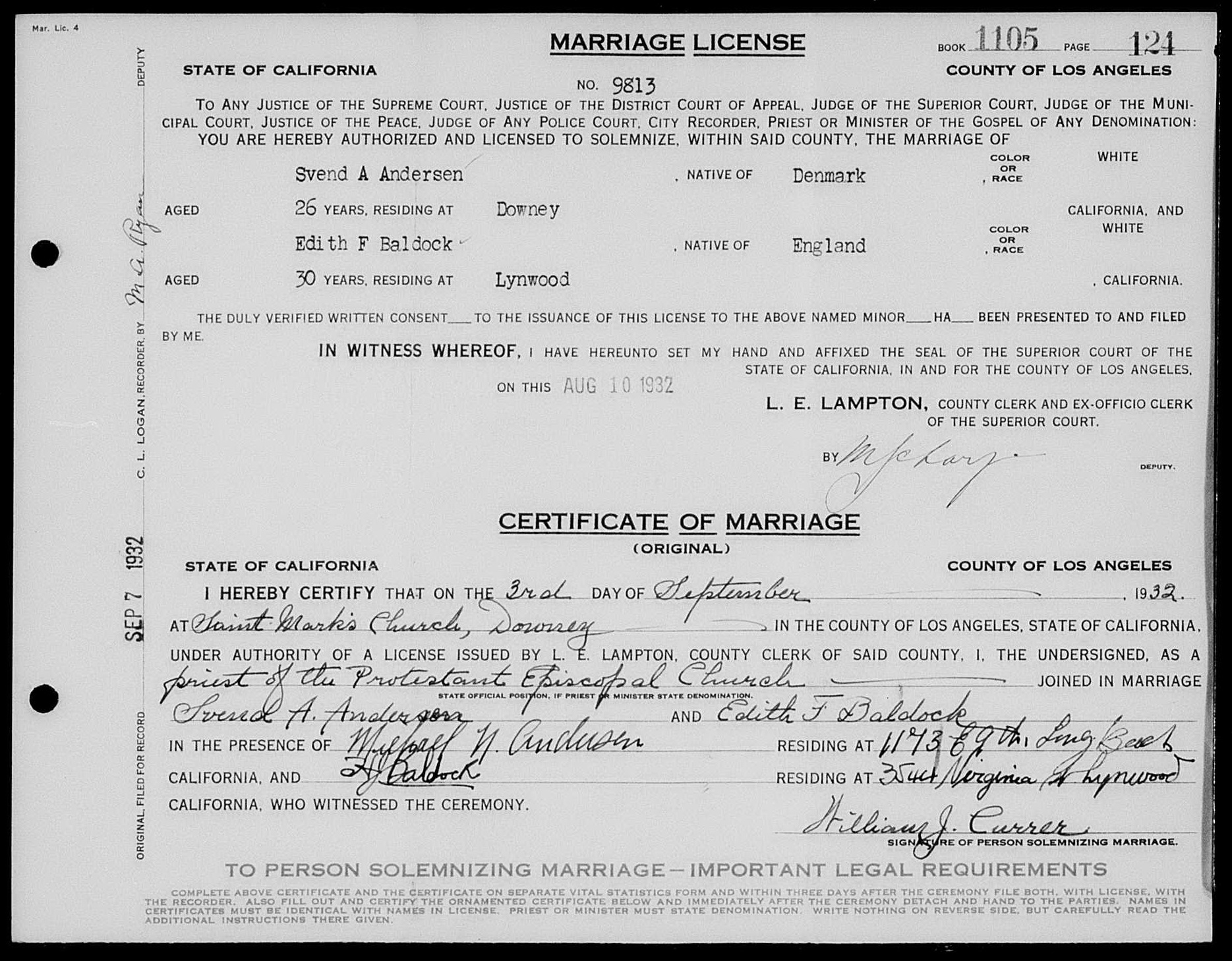 Svend A. Andersen and Edith F. Baldock marriage license and certificate — p1 of 2 (2662 KB) 3 September 1932 State of California. County of Los Angeles. Marriage License No. 9813. Marriage Certificate. (Click on Picture to View Full Size) picture
